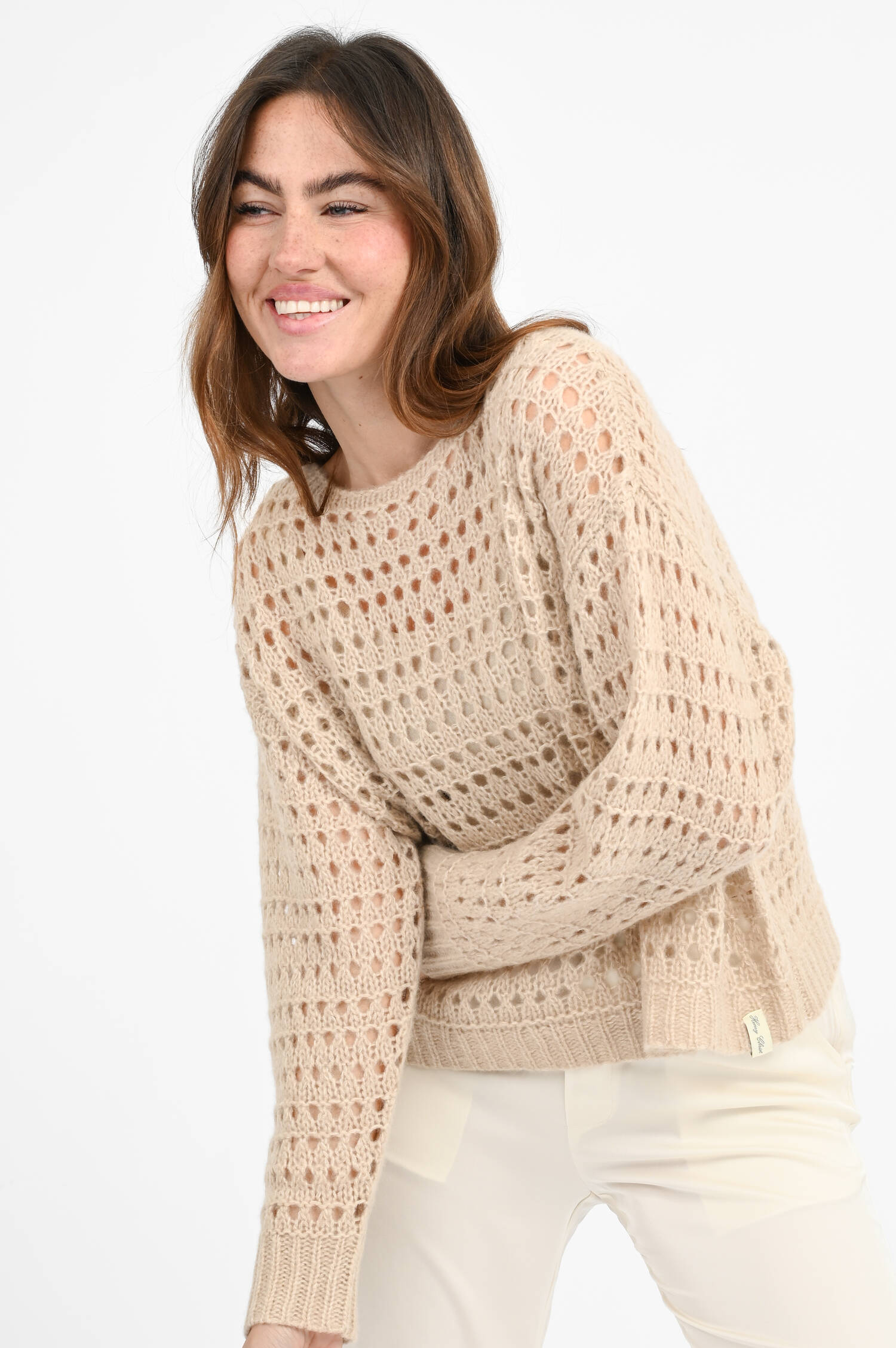 Lochstickerei-Pullover aus Cashmere-Mix in Beige