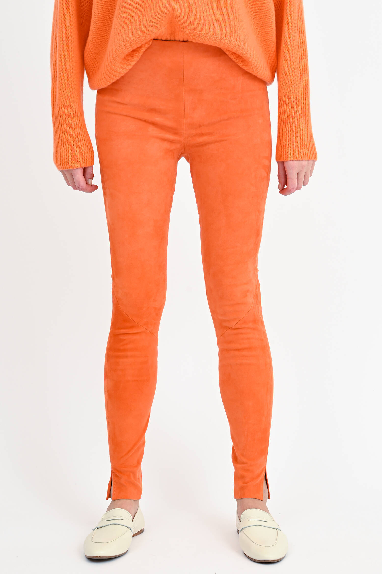 Slim Fit Velourslederhose in Orange