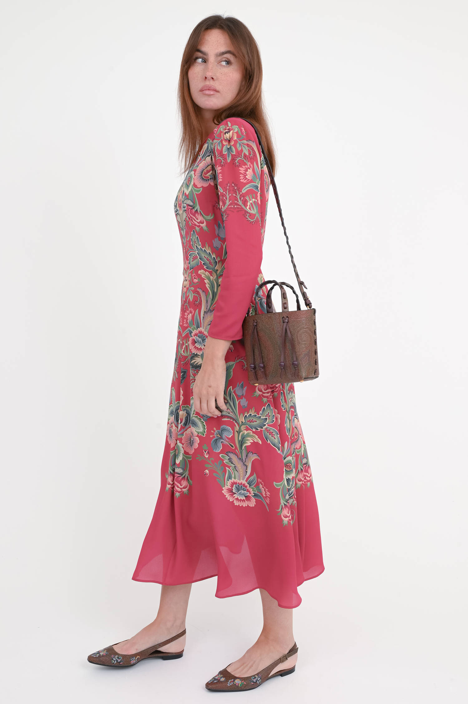 Gemustertes Midi-Kleid in Dunkelrot/Multicolor 