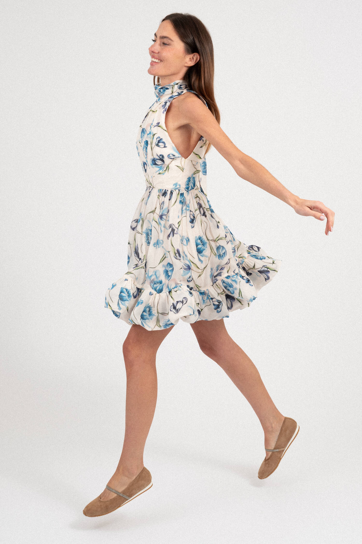 Volantkleid FERN in Weiß/Blau/Grün gemustert