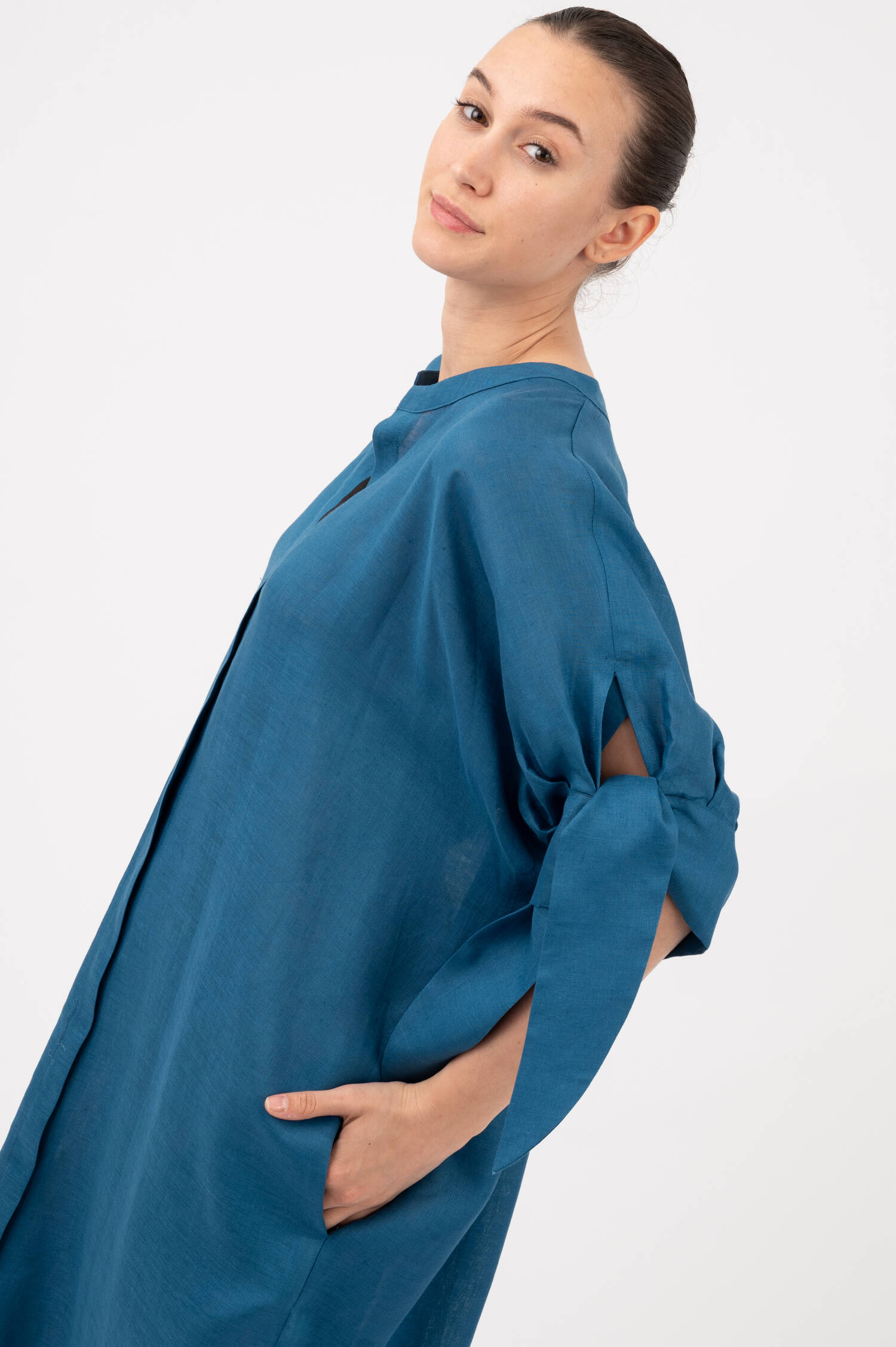 Leinen Hemdblusenkleid in Blau