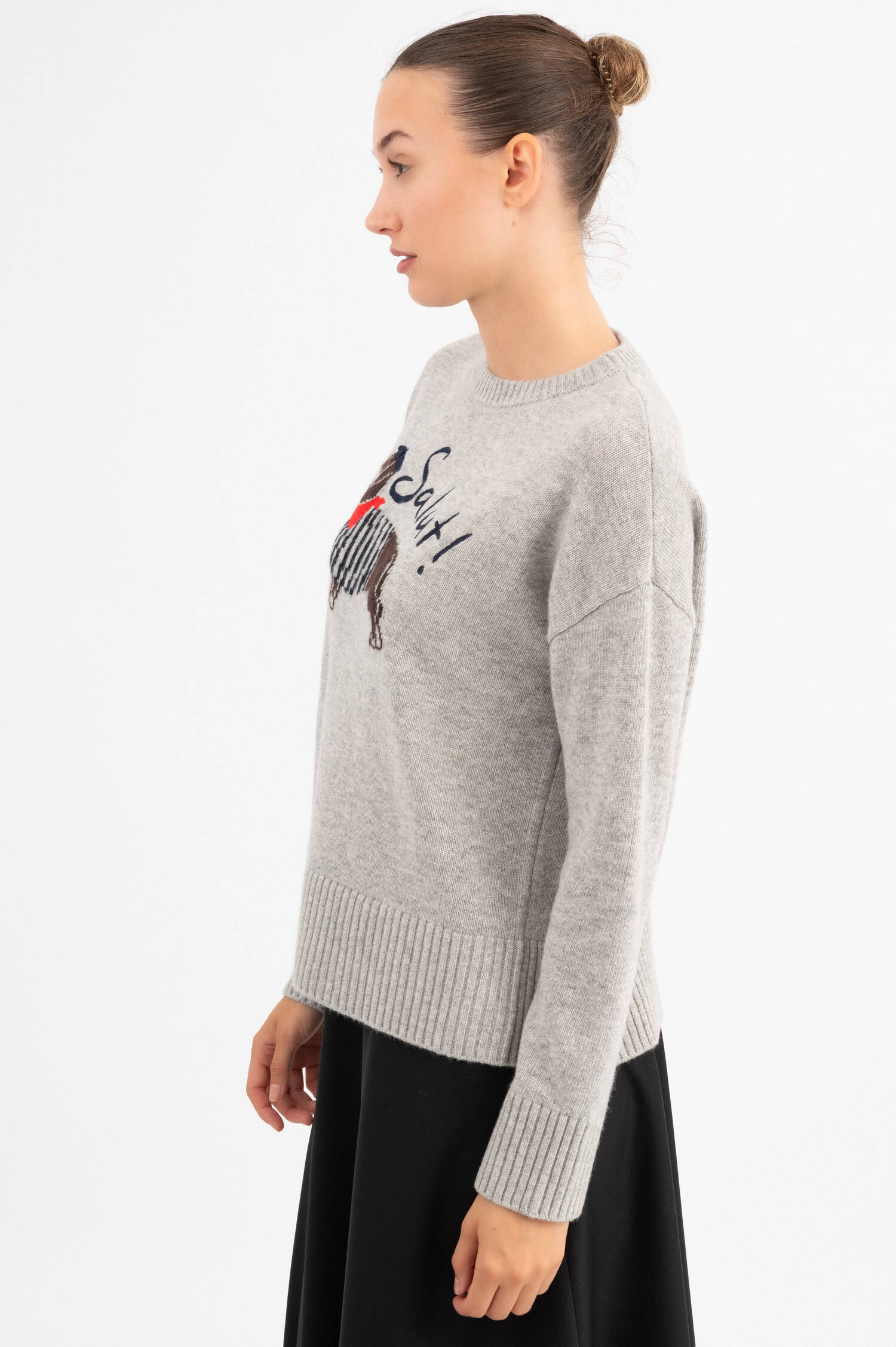 Woll-Pullover mit Dackelmotiv in Grau meliert