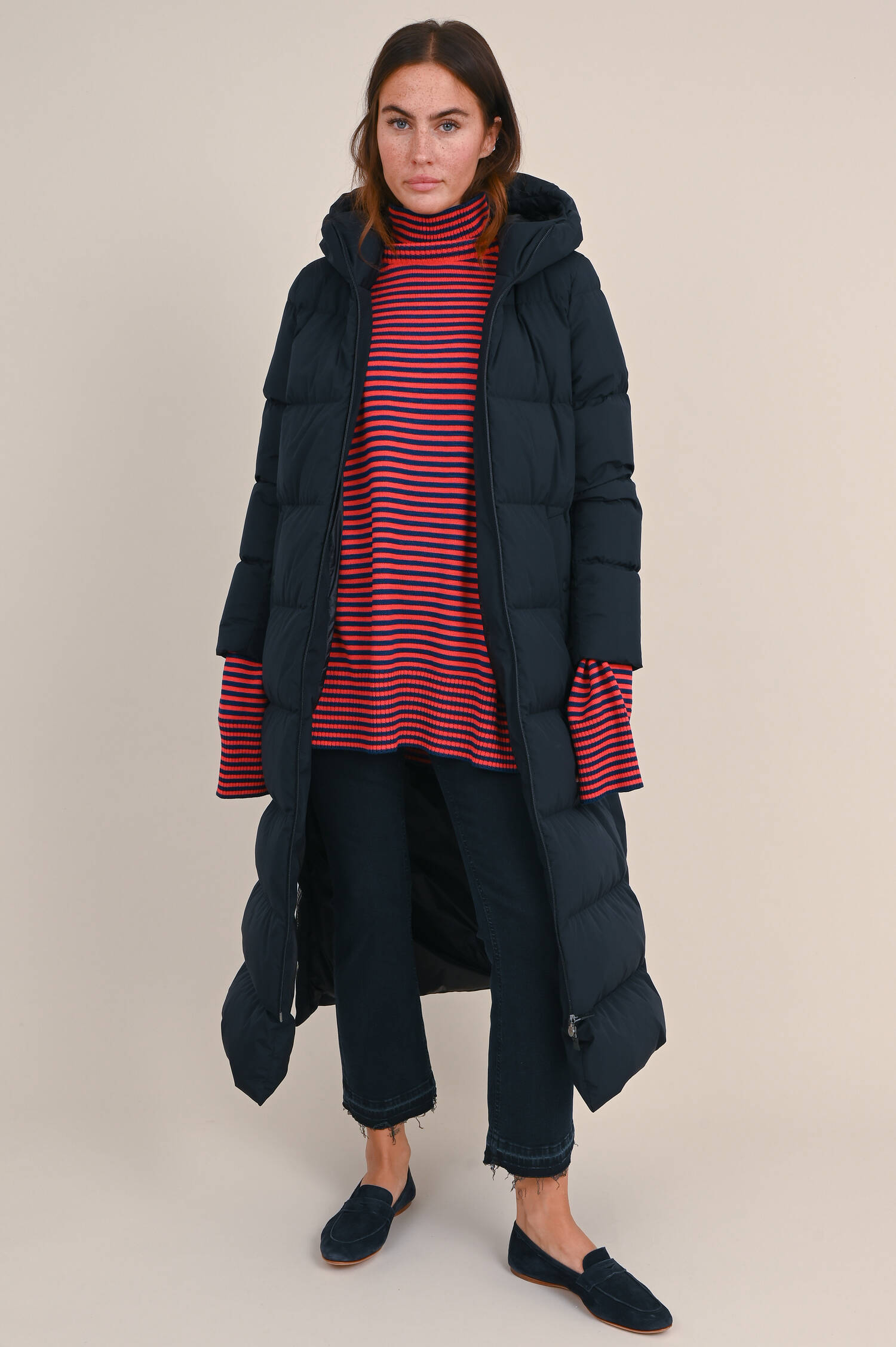 Pullover aus Merinowolle in Navy/Rot gestreift