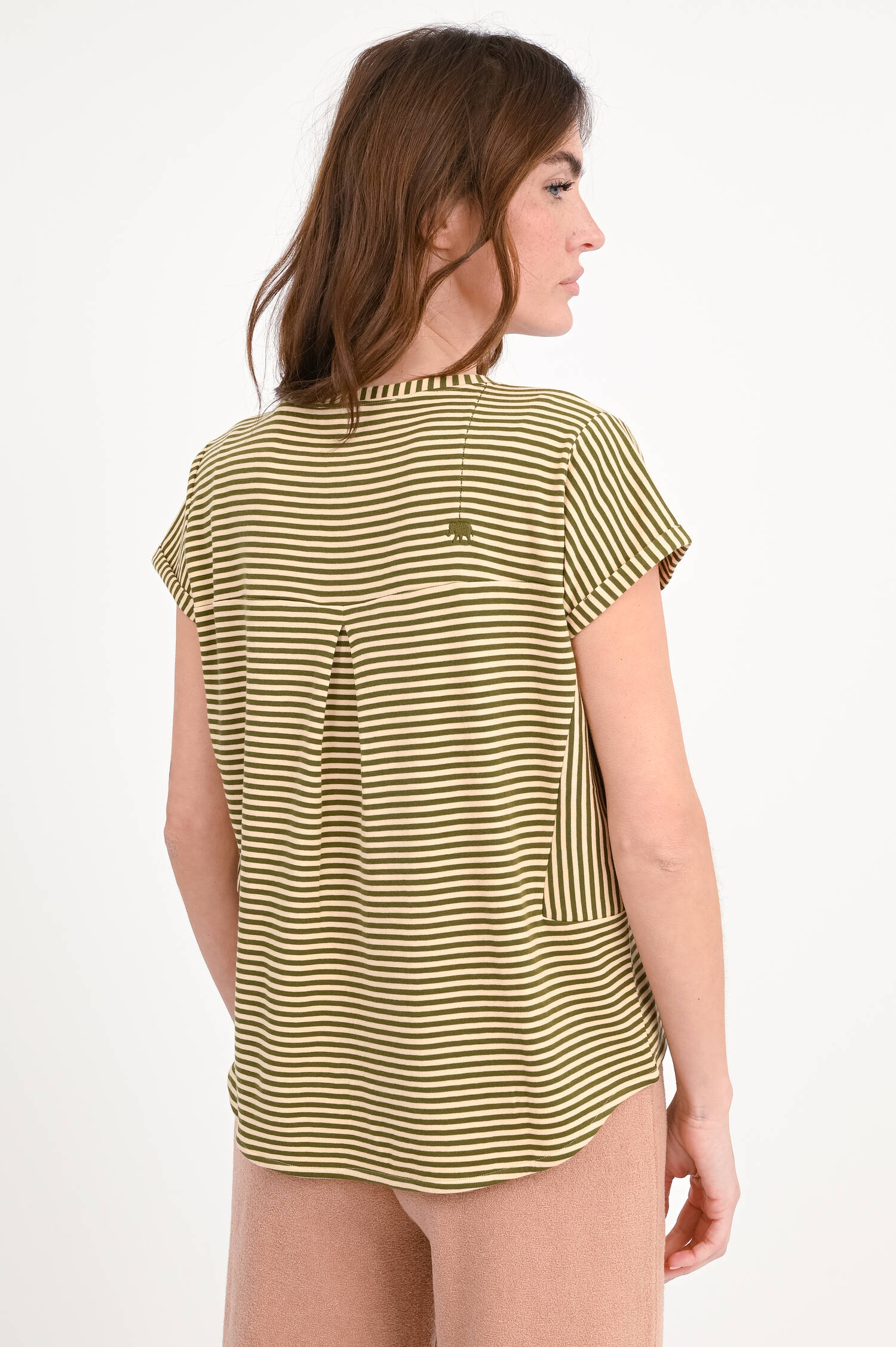 Gestreiftes-Shirt LILY in Dunkelgrün/Peach