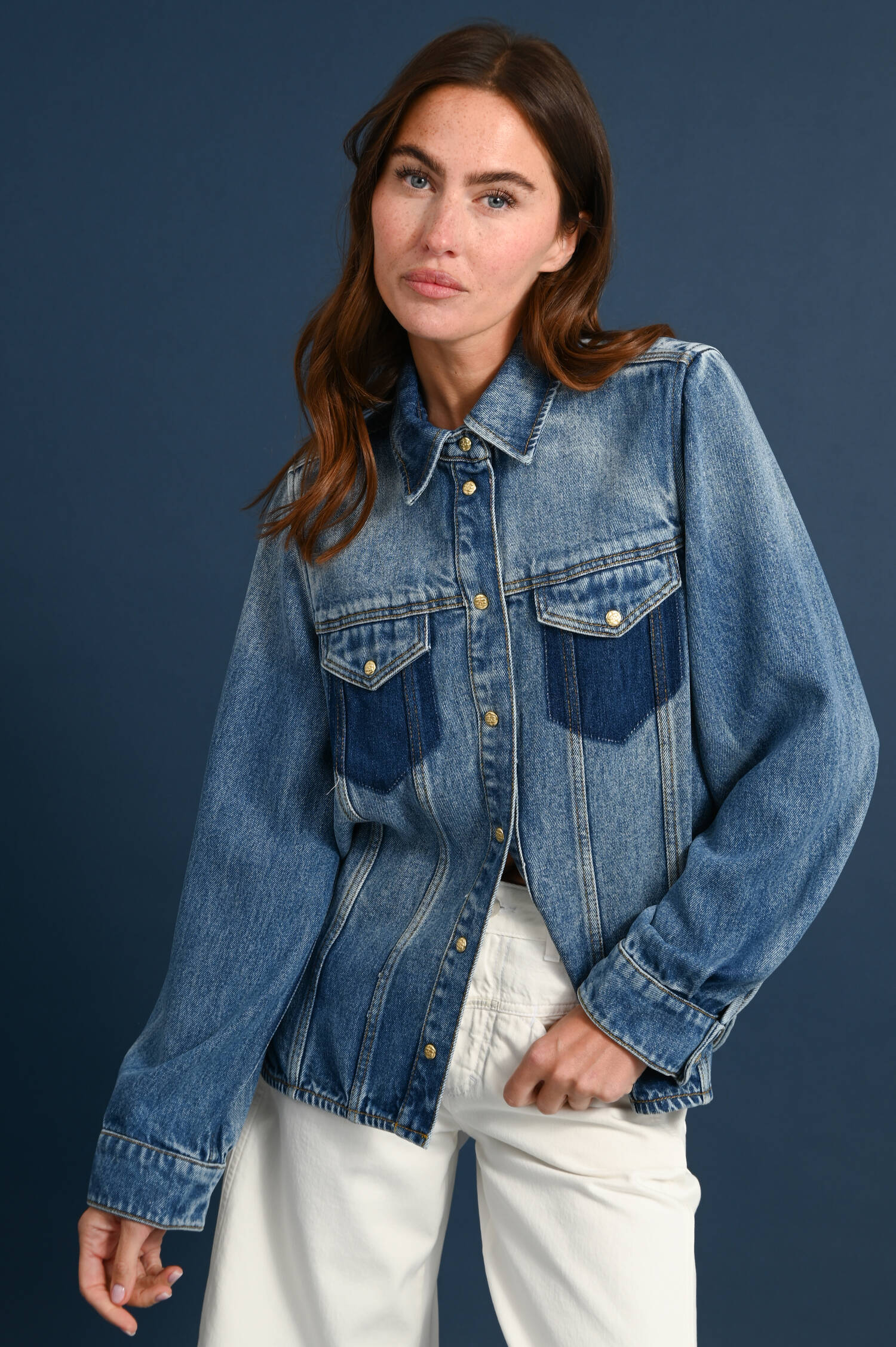Denim Bluse mit Brusttaschen in Used Blue
