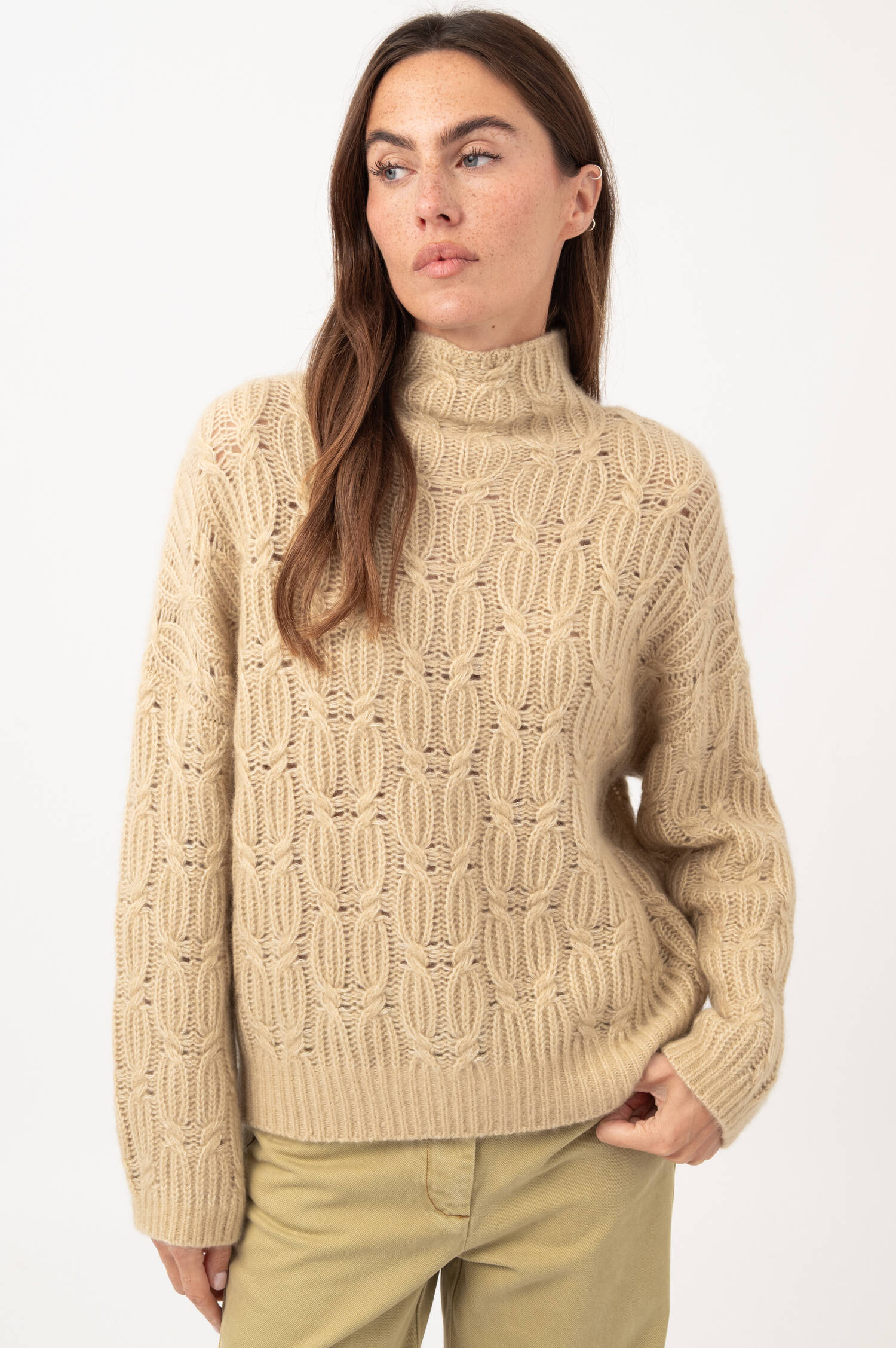 Cashmere-Mix-Zopfstrick-Pullover in Beige 