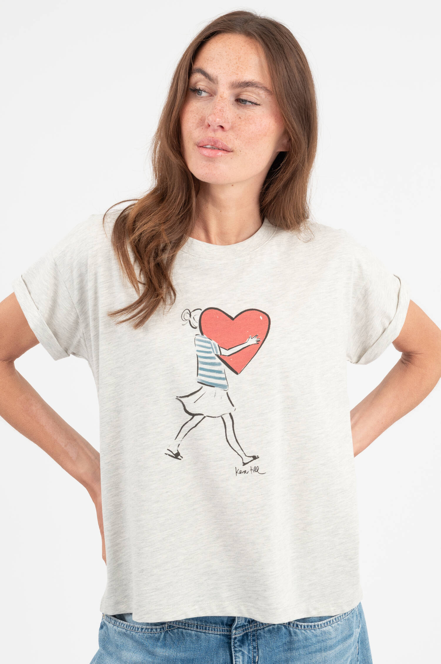 T-Shirt mit Big Heart Illustration in Grau meliert