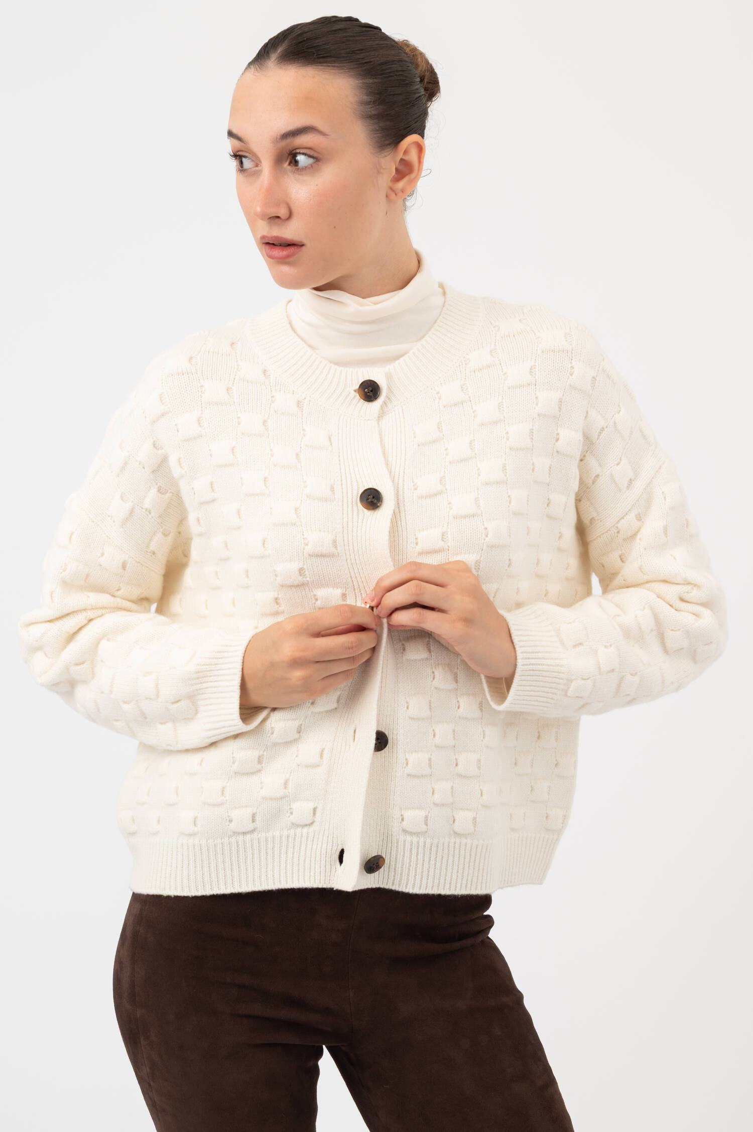 Woll-Cashmere-Cardigan mit Strukturmuster in Beige Woll-Cashmere-Cardigan mit Strukturmuster in Beige