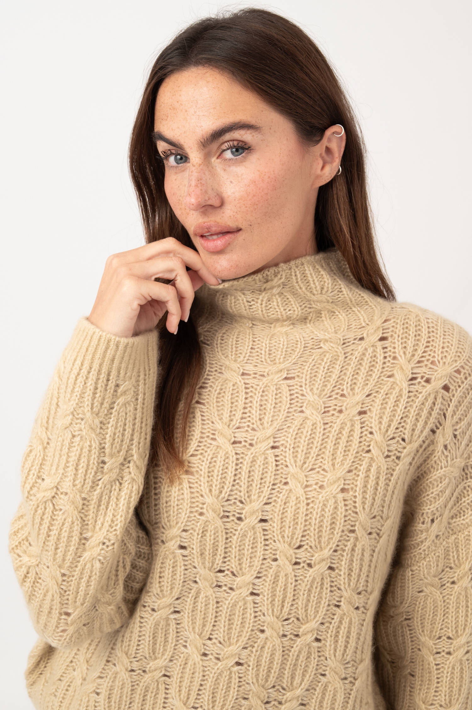Cashmere-Mix-Zopfstrick-Pullover in Beige 