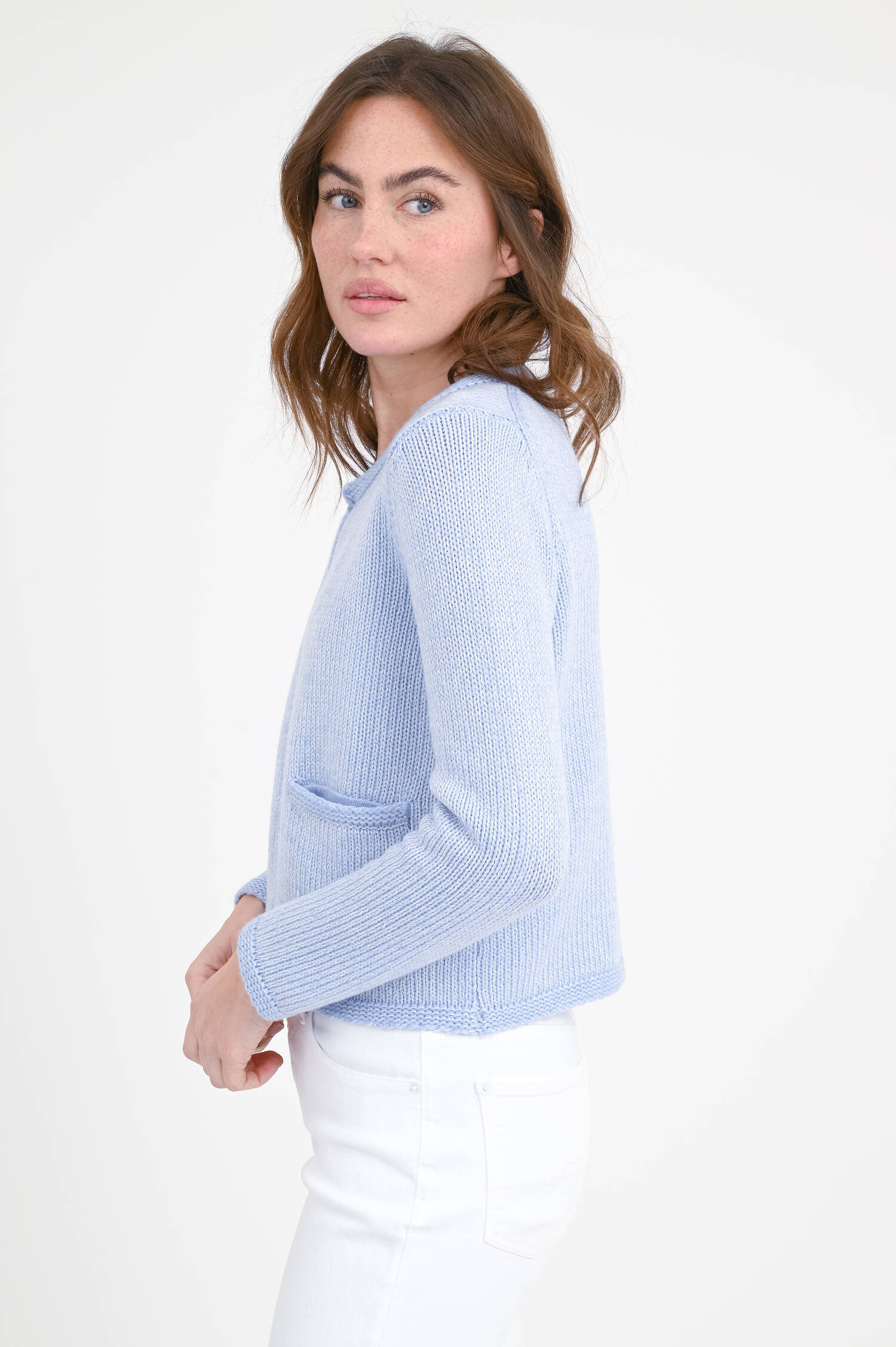Strickweste aus Wolle-Cash-Mix in Hellblau meliert