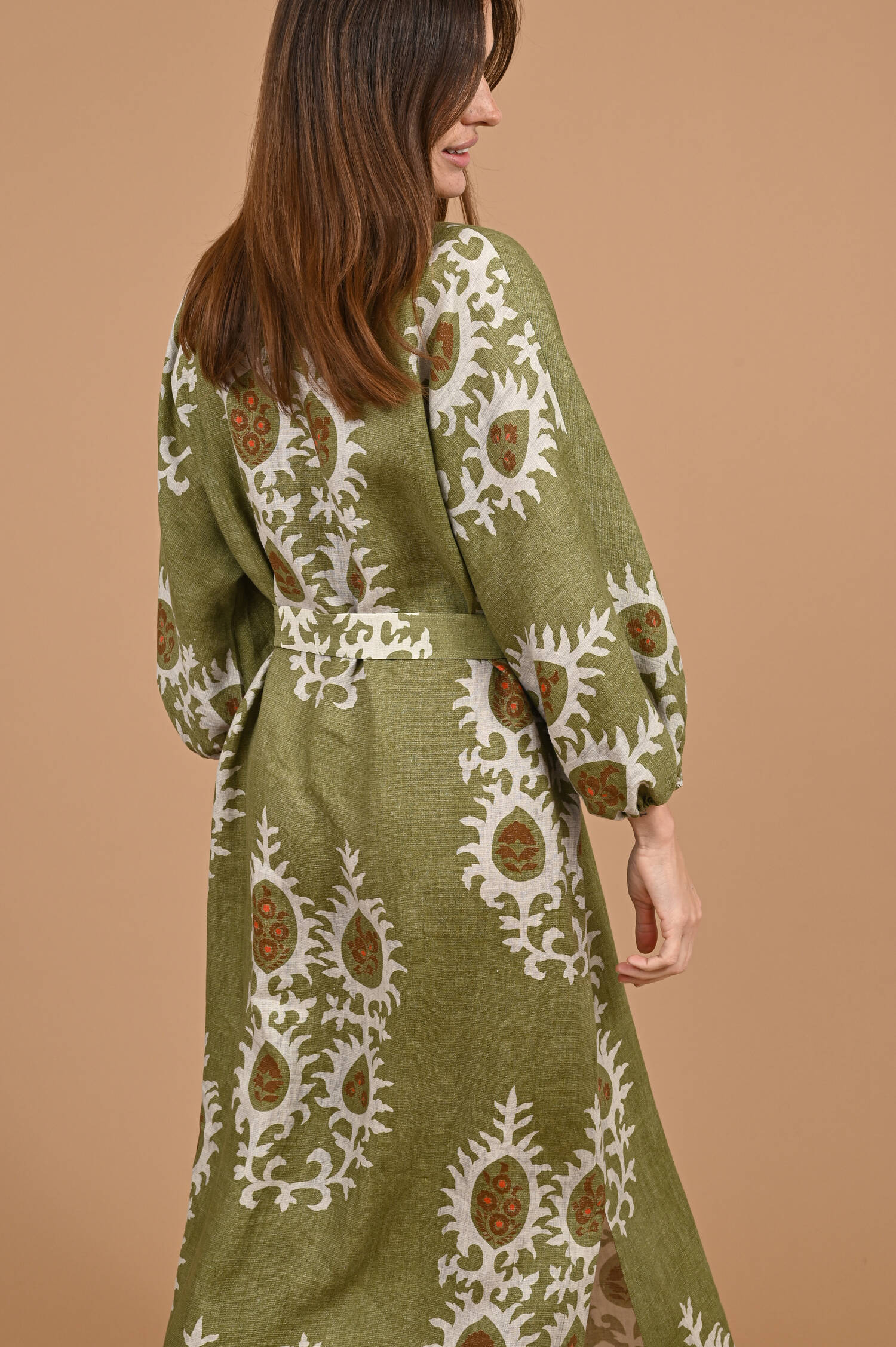 Leinenkleid mit Perlendekoration in Oliv gemustert