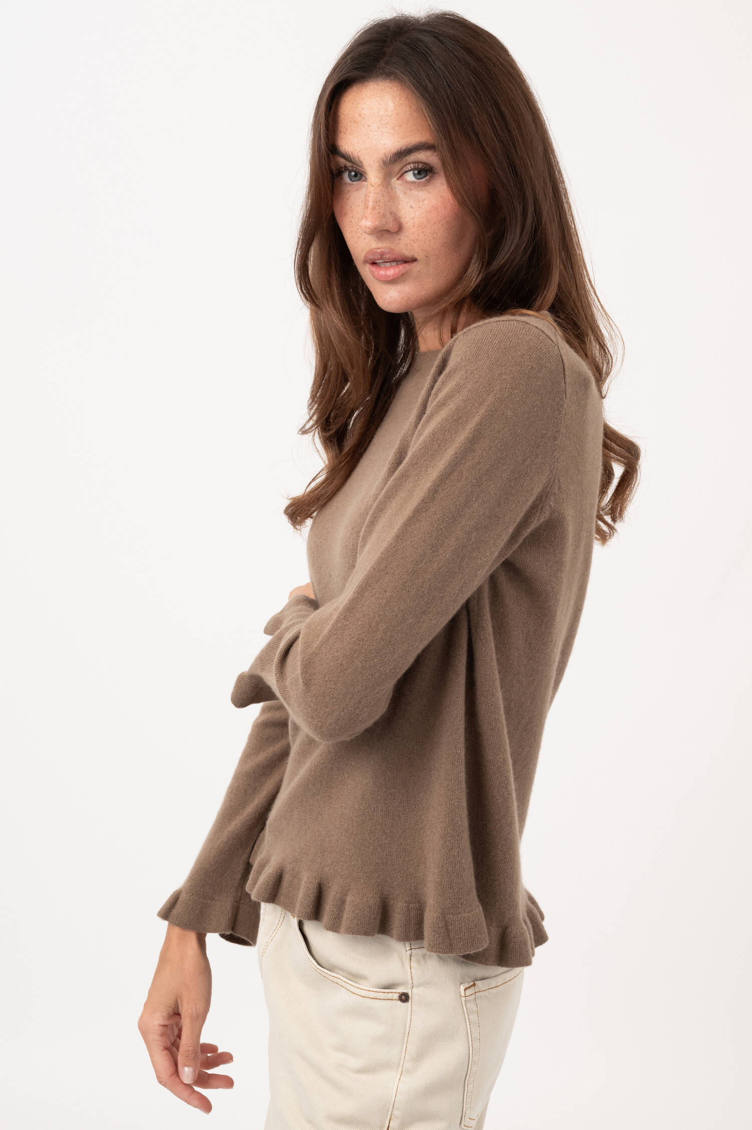 Cashmere-Pullover mit Rüschen in Braun