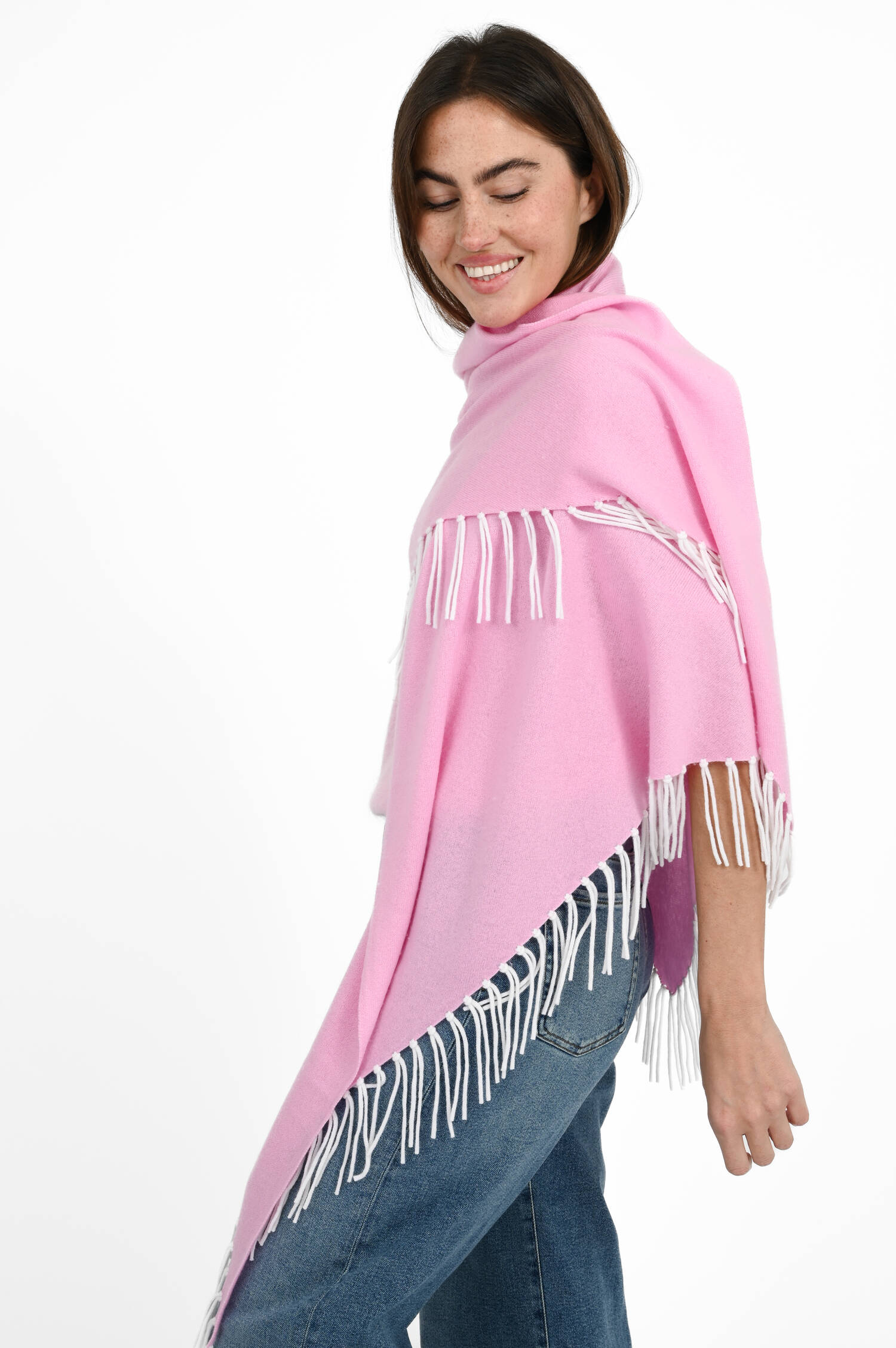 Dreieckstuch mit Fransen in Weiß/Pink