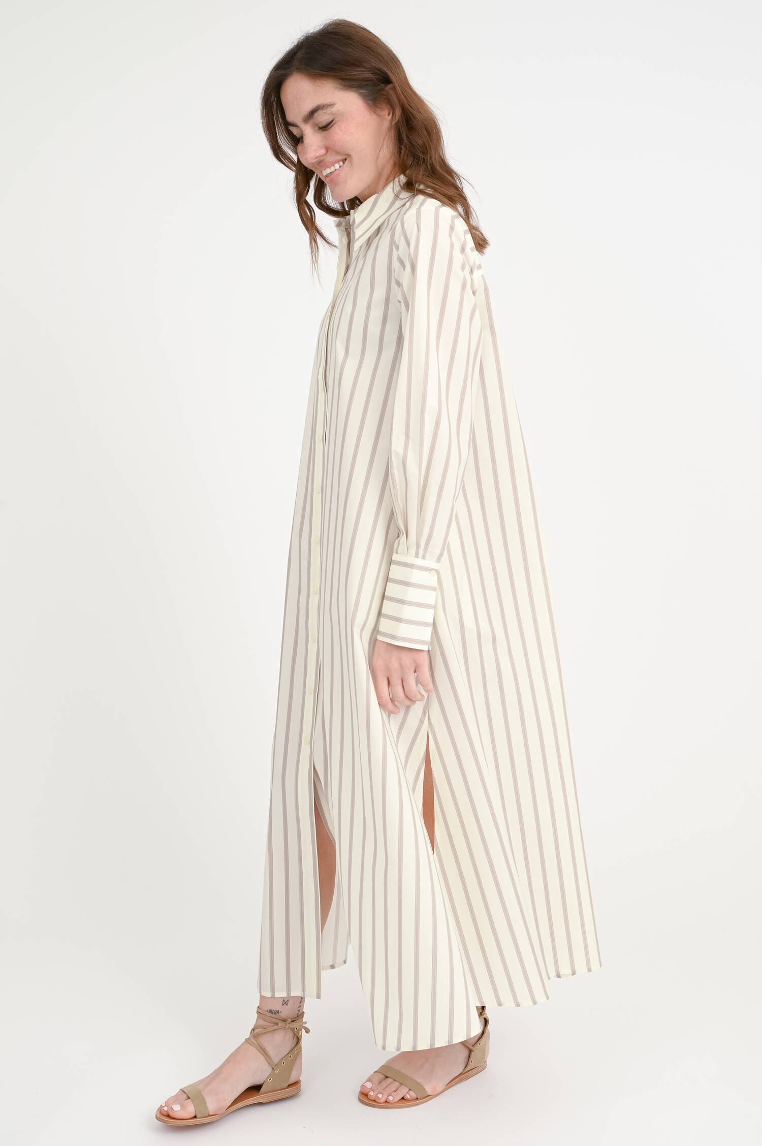 Maxi-Hemdblusenkleid in Taupe/Creme gestreift