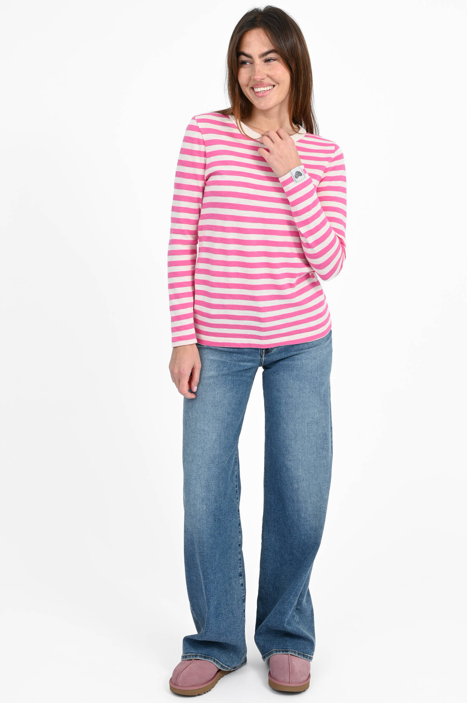 Gestreiftes Langarmshirt in Pink/Ecru