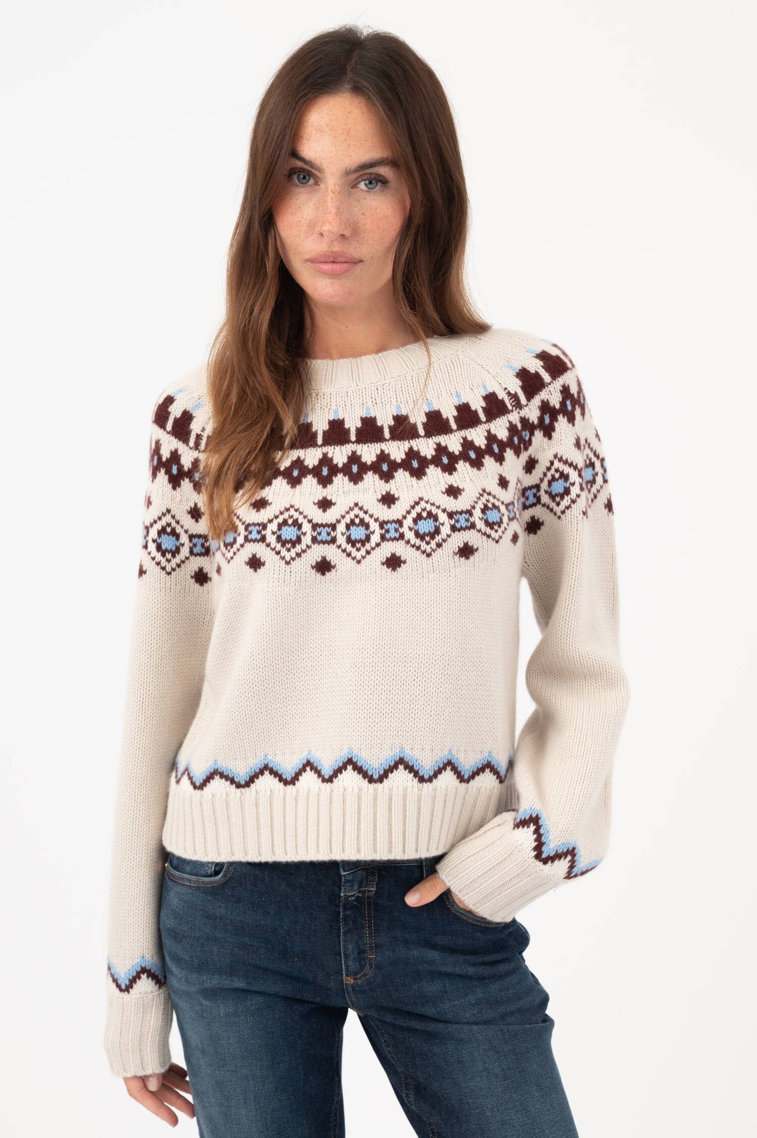 Woll-Cashmere-Pullover mit Norwegermuster in Beige Woll-Cashmere-Pullover mit Norwegermuster in Beige