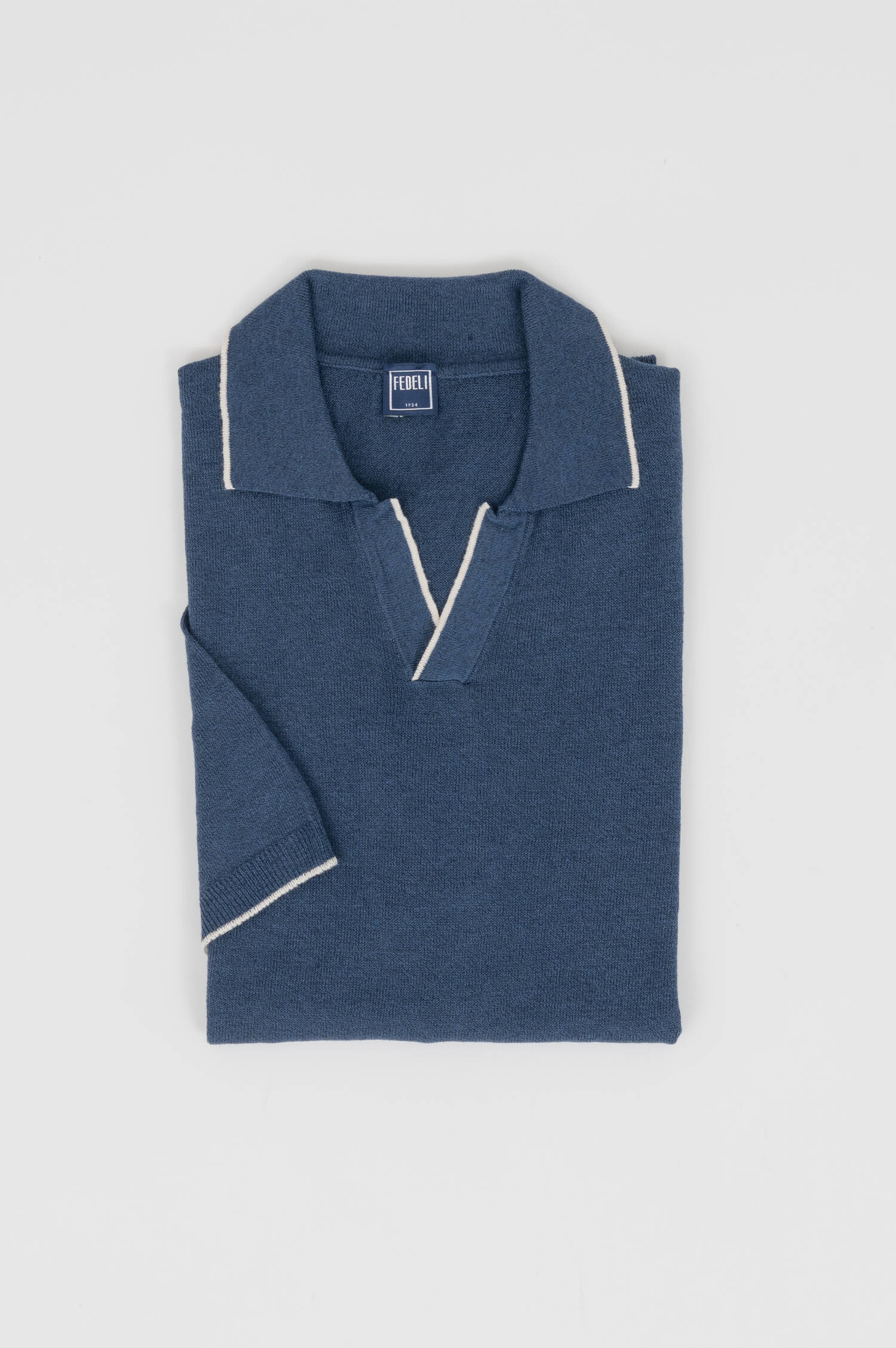 Feinstrick Leinen-Baumwoll Polo-Shirt in Blau Feinstrick Leinen-Baumwoll Polo-Shirt in Blau