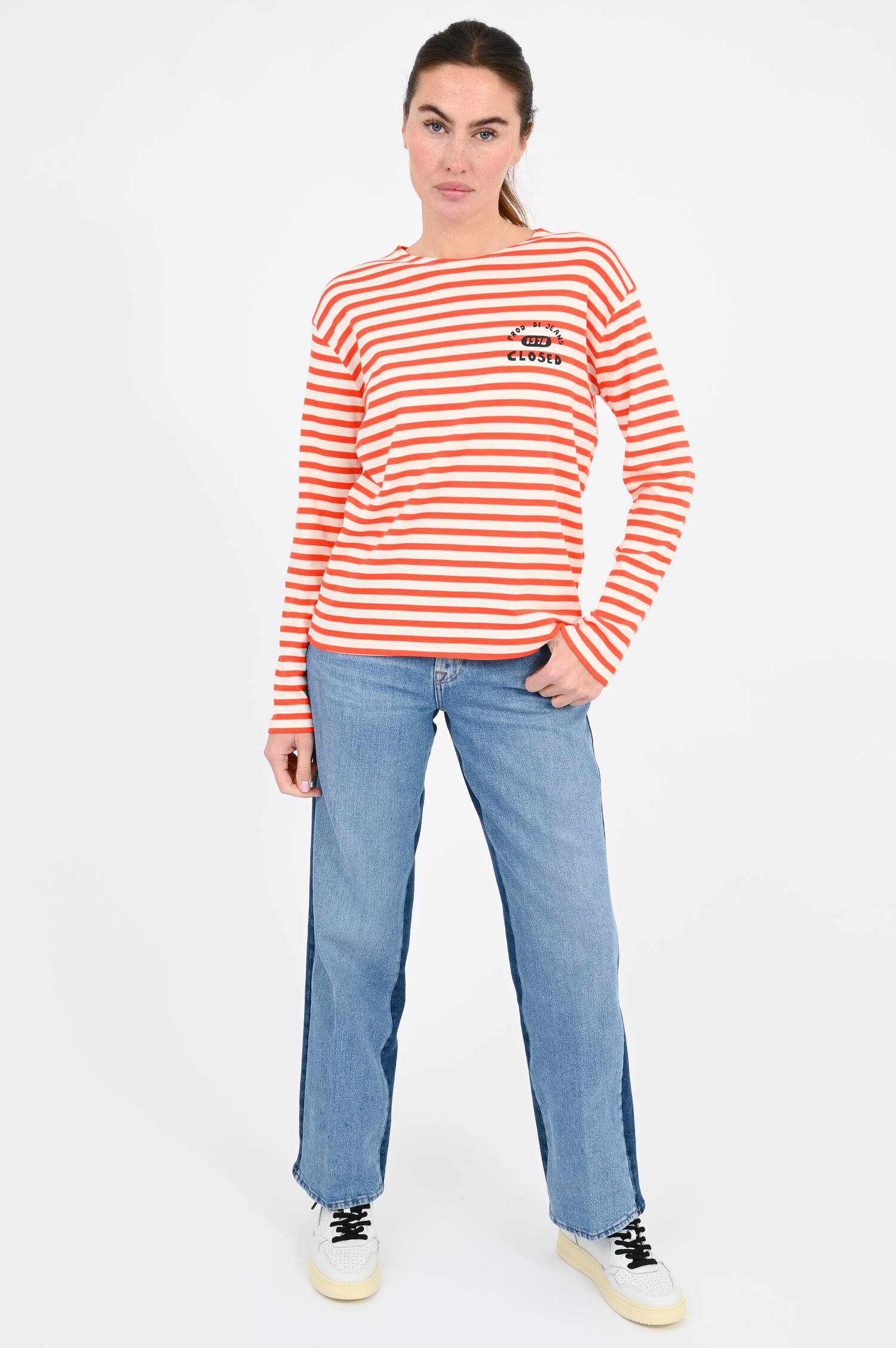 Gestreiftes Langarmshirt in Coral Red/White