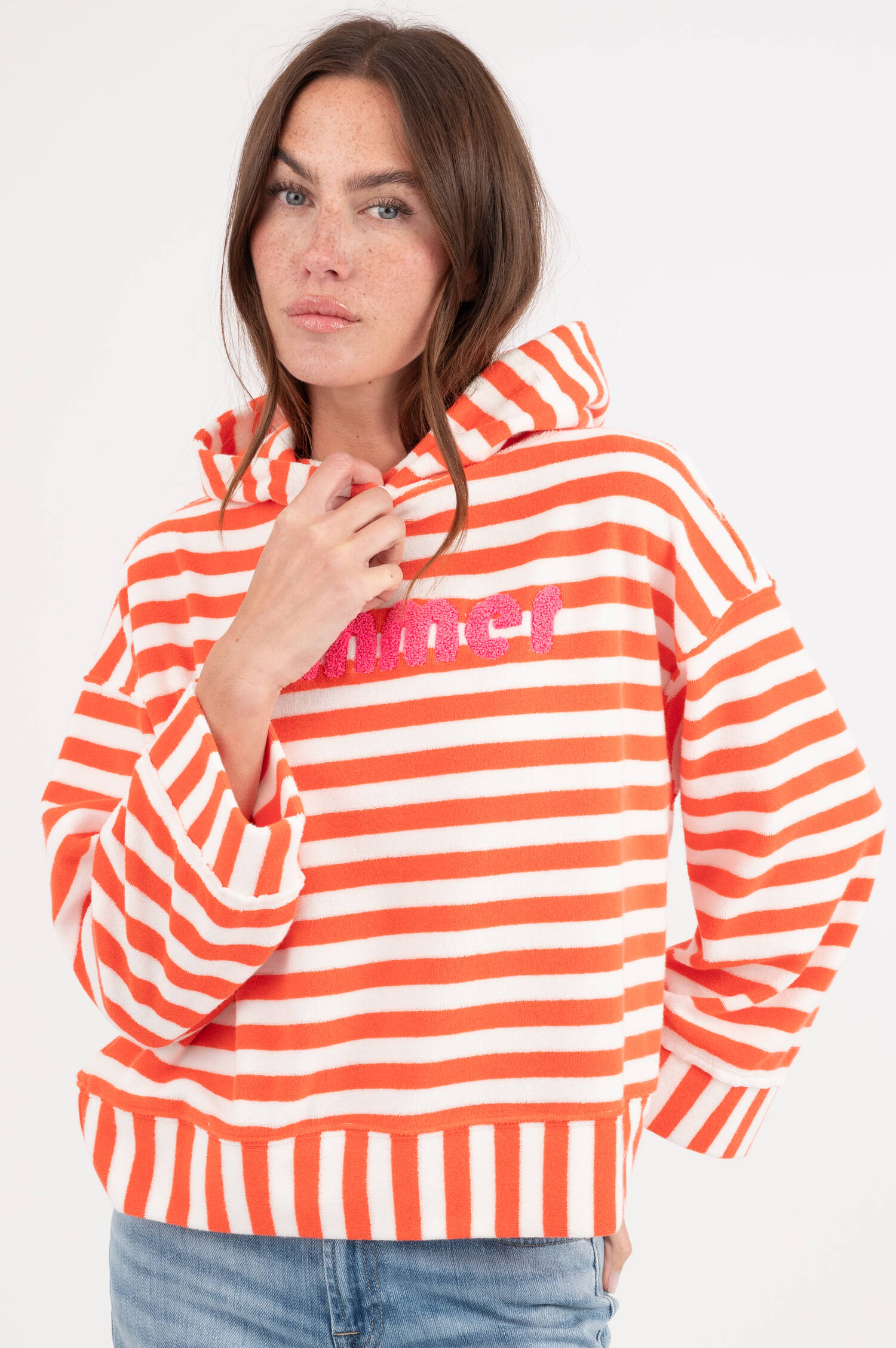 Frottee Sweater in Orange/Weiß gestreift