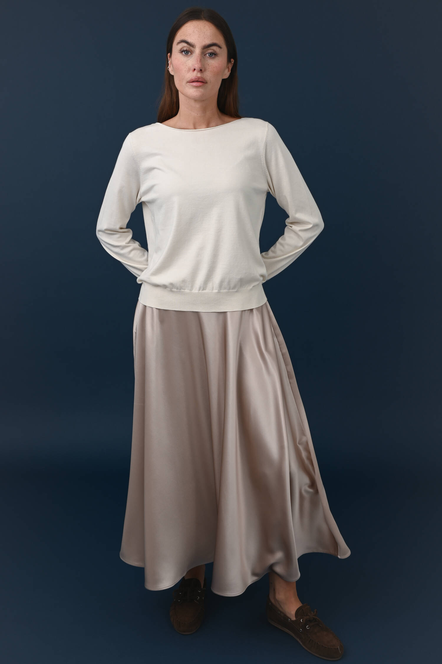 Geraffter U-Boot Pullover in Ivorybeige