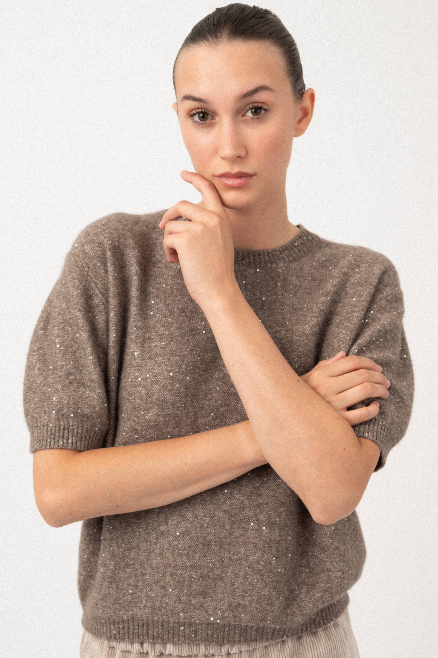 Pullover mit Paillettendetails in Beige meliert Pullover mit Paillettendetails in Beige meliert