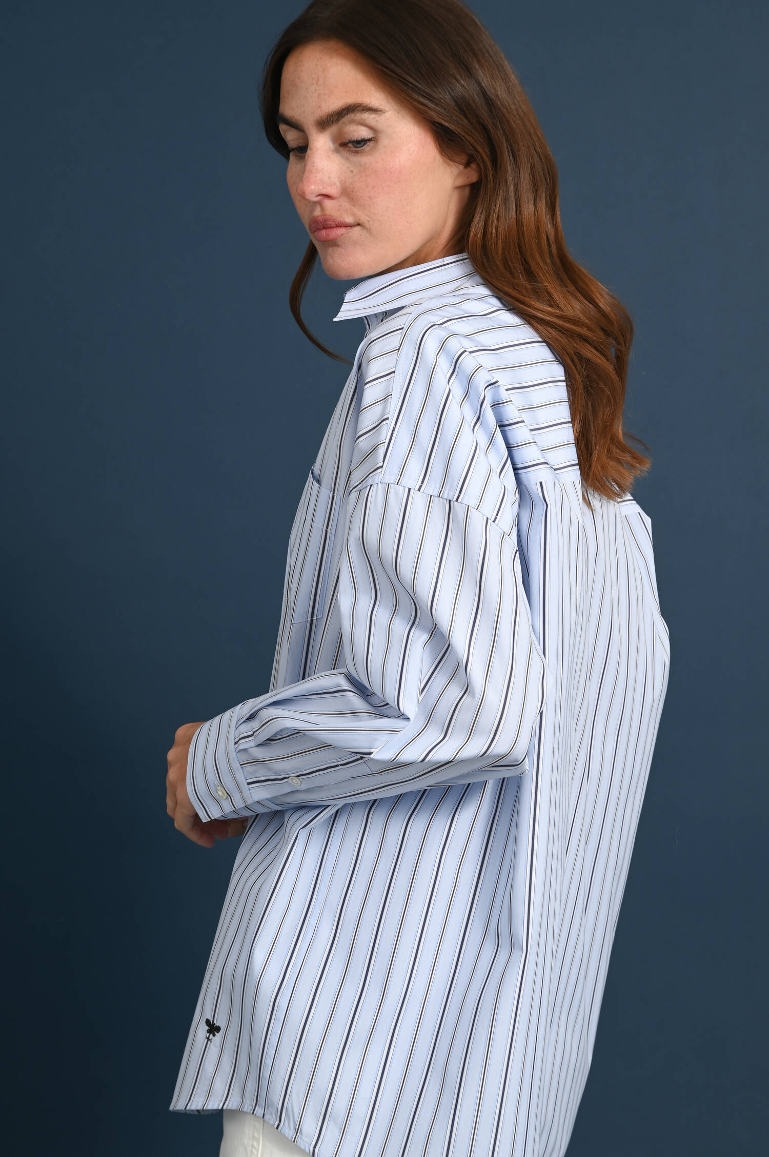 Gestreifte Baumwoll Bluse KASACK in Azurblau/Weiß 