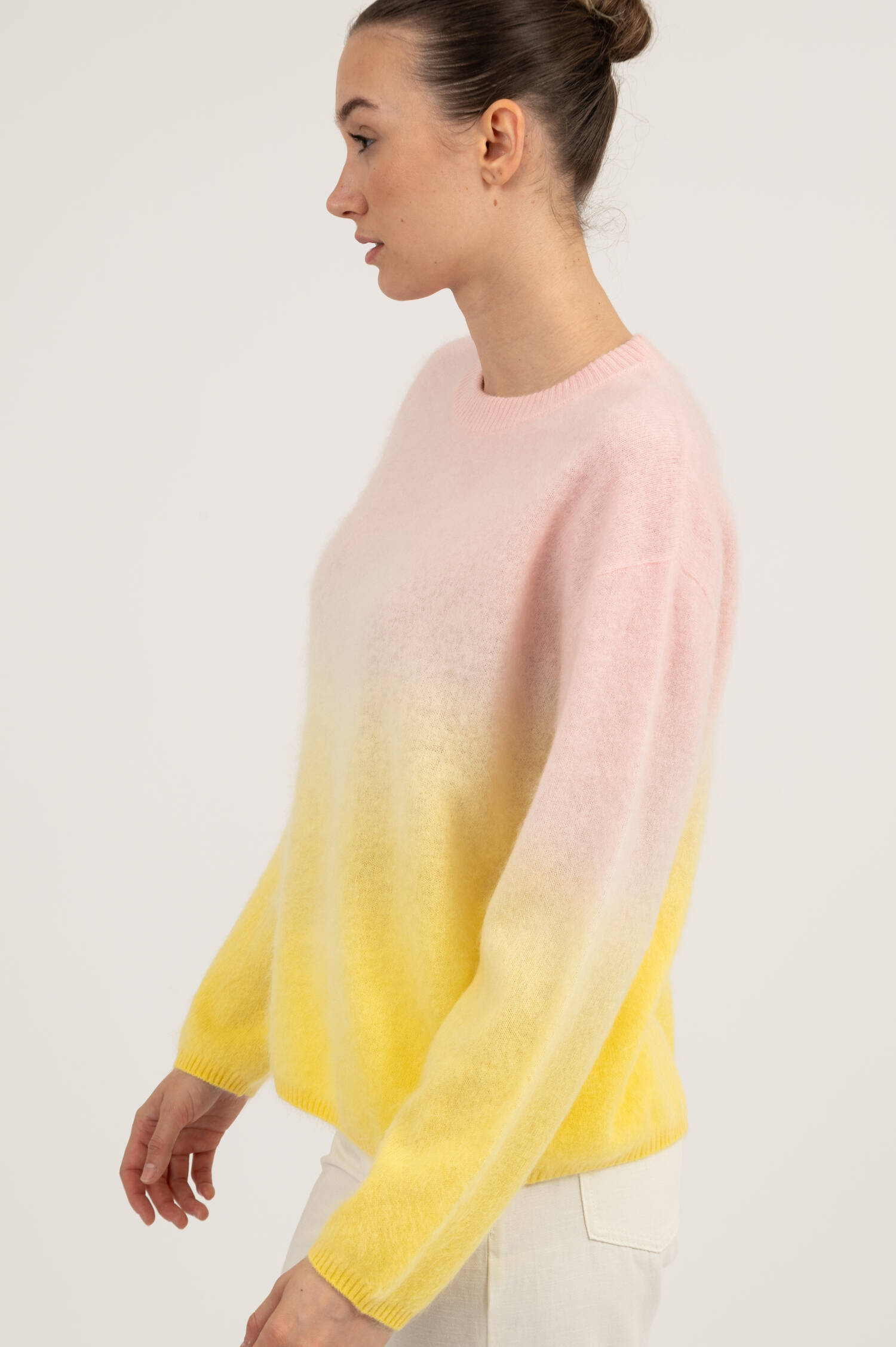 Hairy Cashmere-Woll Pullover YORK in Rosa/Gelb