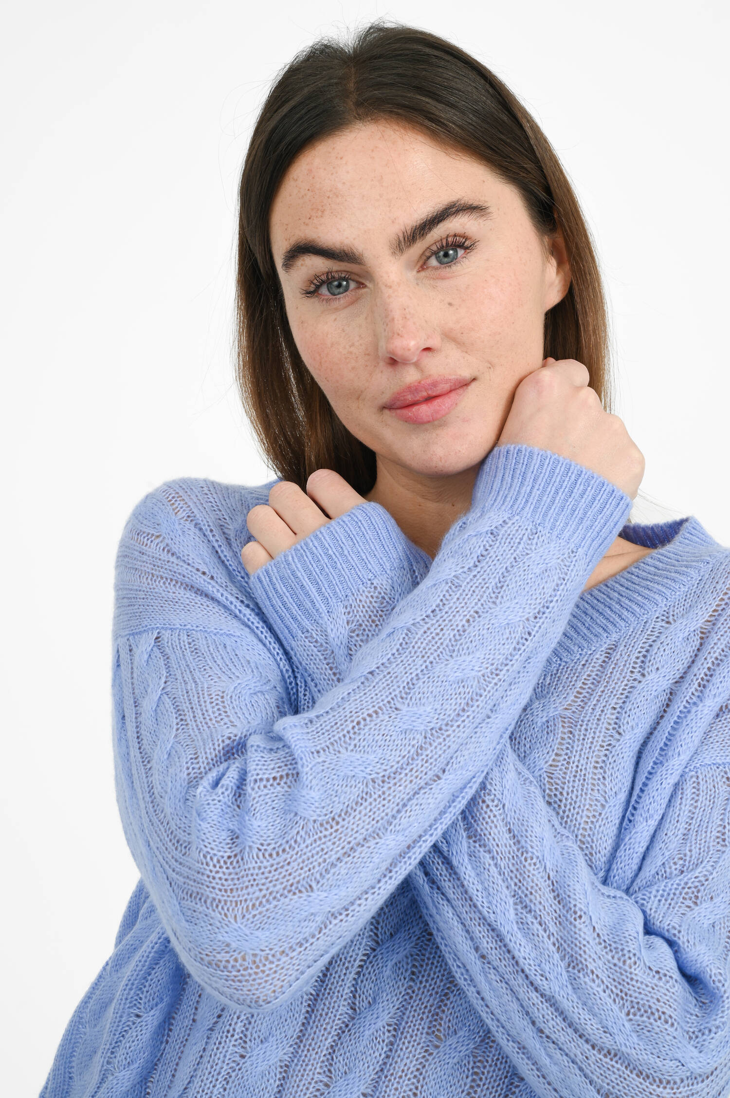 Zopfstrick-Pullover mit V-Neck in Blue