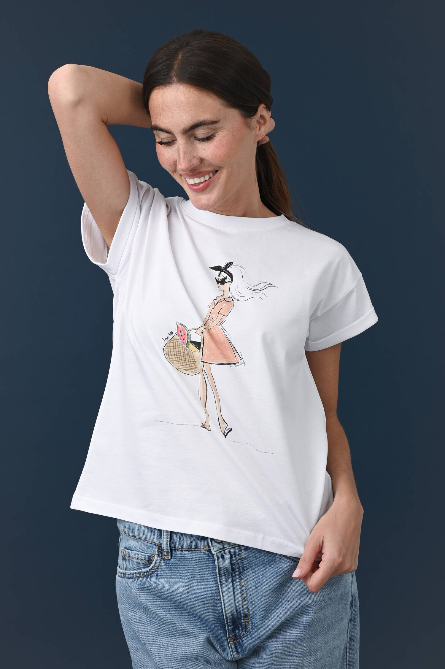 T-Shirt "Frau mit Kleid" in Weiß/Peach
