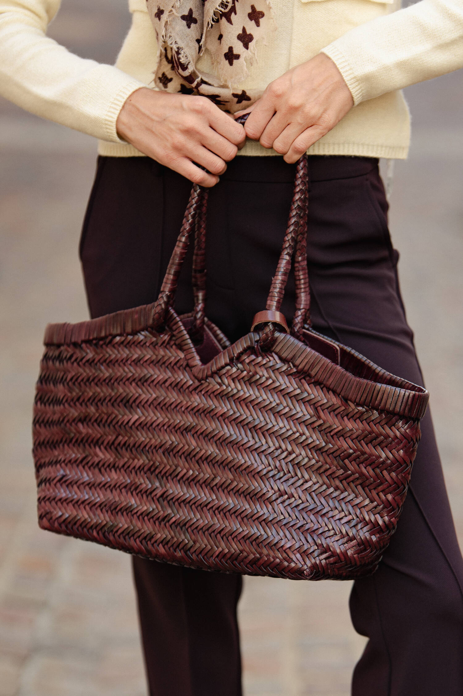 Leder-Flecht-Tote-Bag CRUDELIA in Burgundy