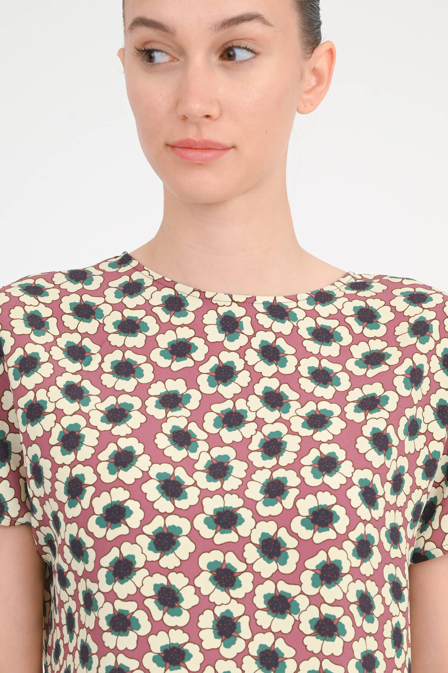 Gemusterte Bluse aus Viskose in Aubergine/Vanille