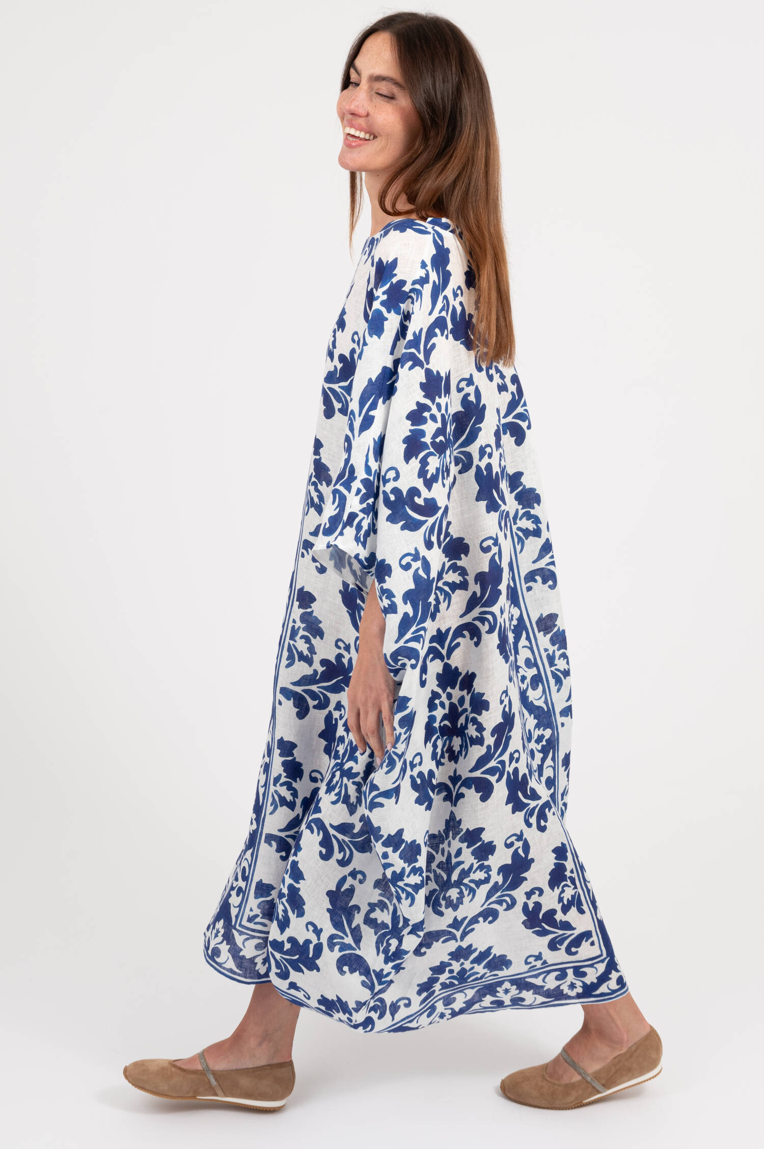 Leinen Tunika mit Print in Weiß/Blau