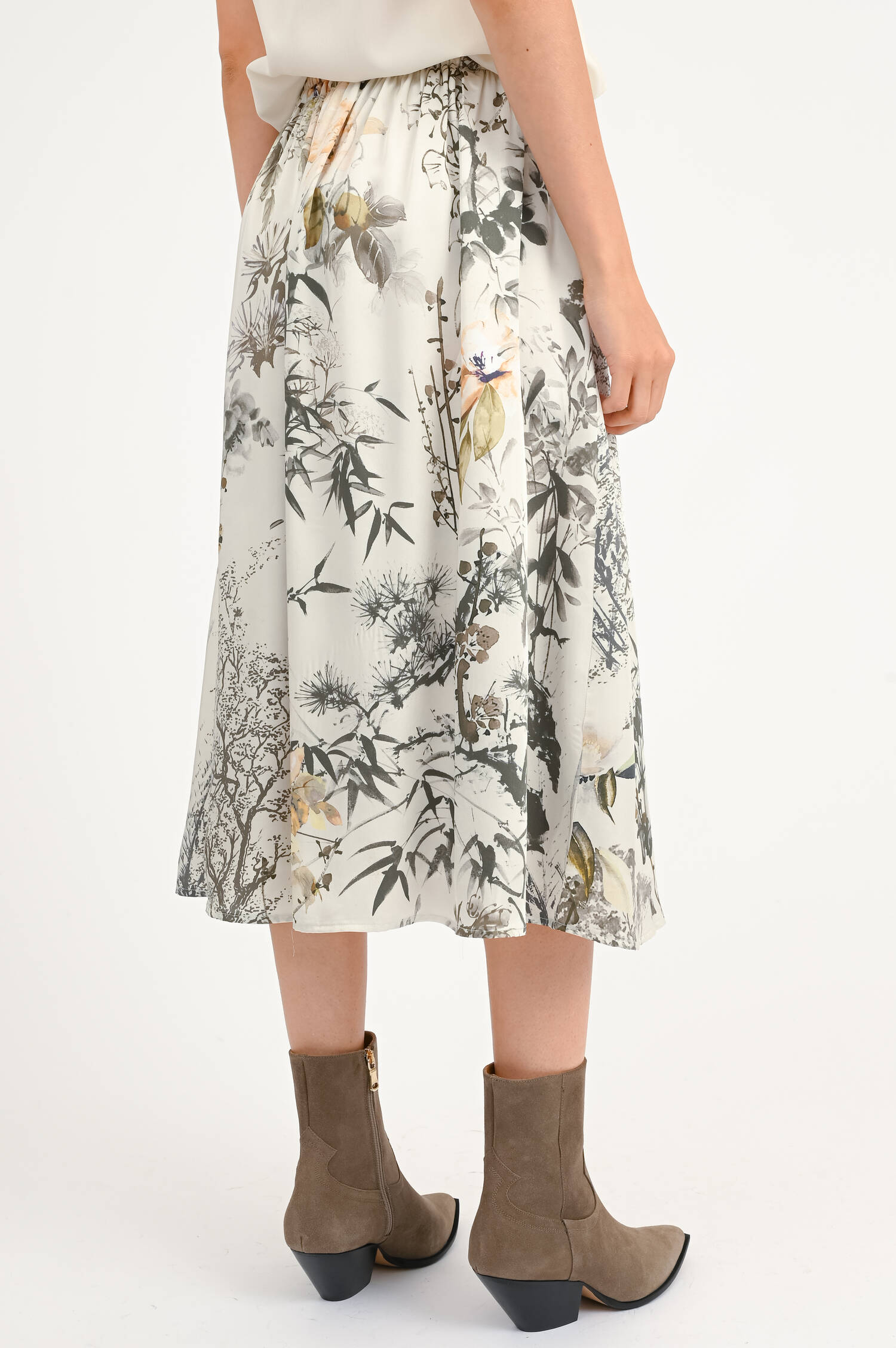 Midi-Rock mit Blumen in Oliv/Weiß/Multicolor