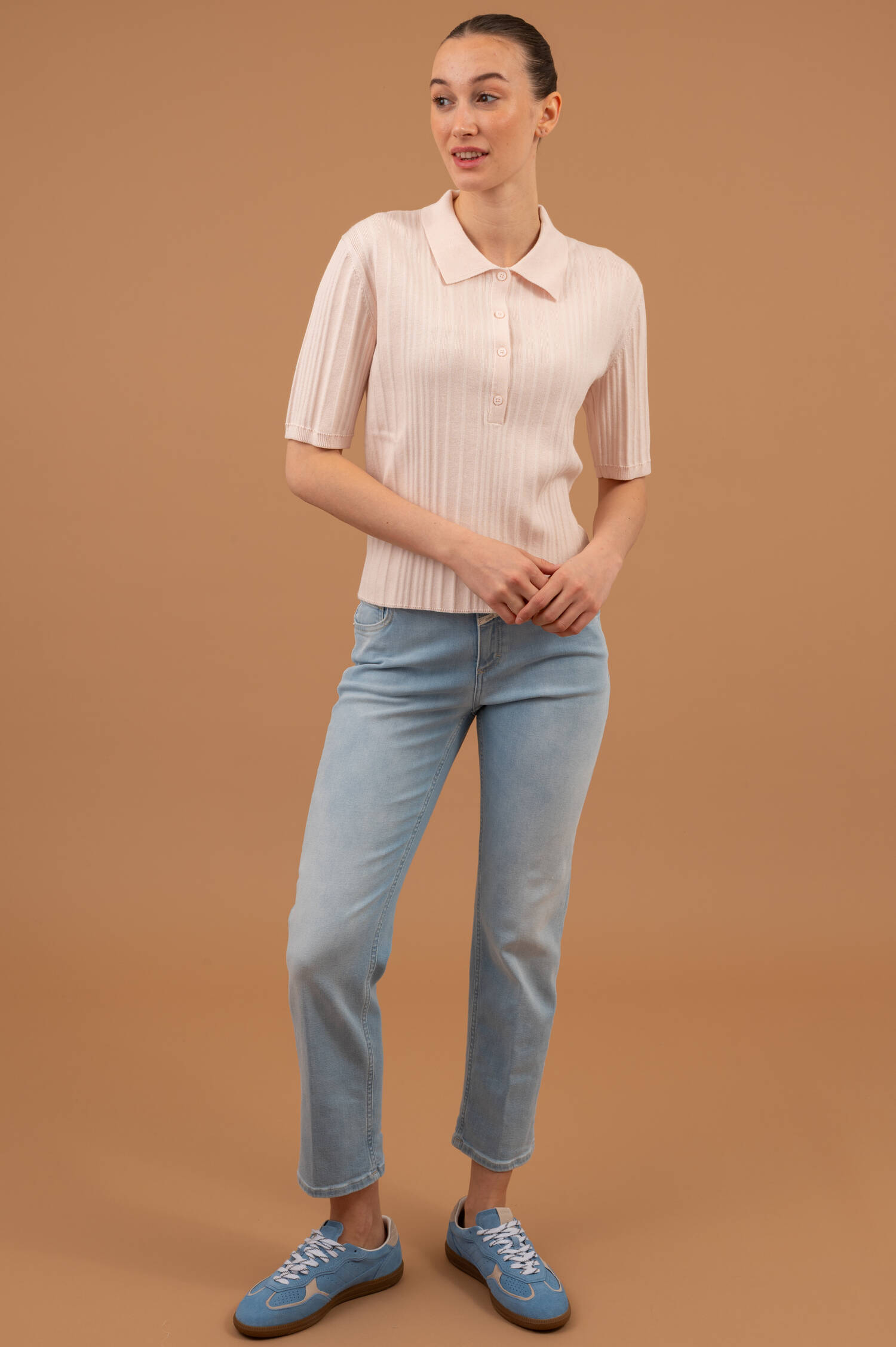 Rippstrick Polo-Shirt in Blush Rosa