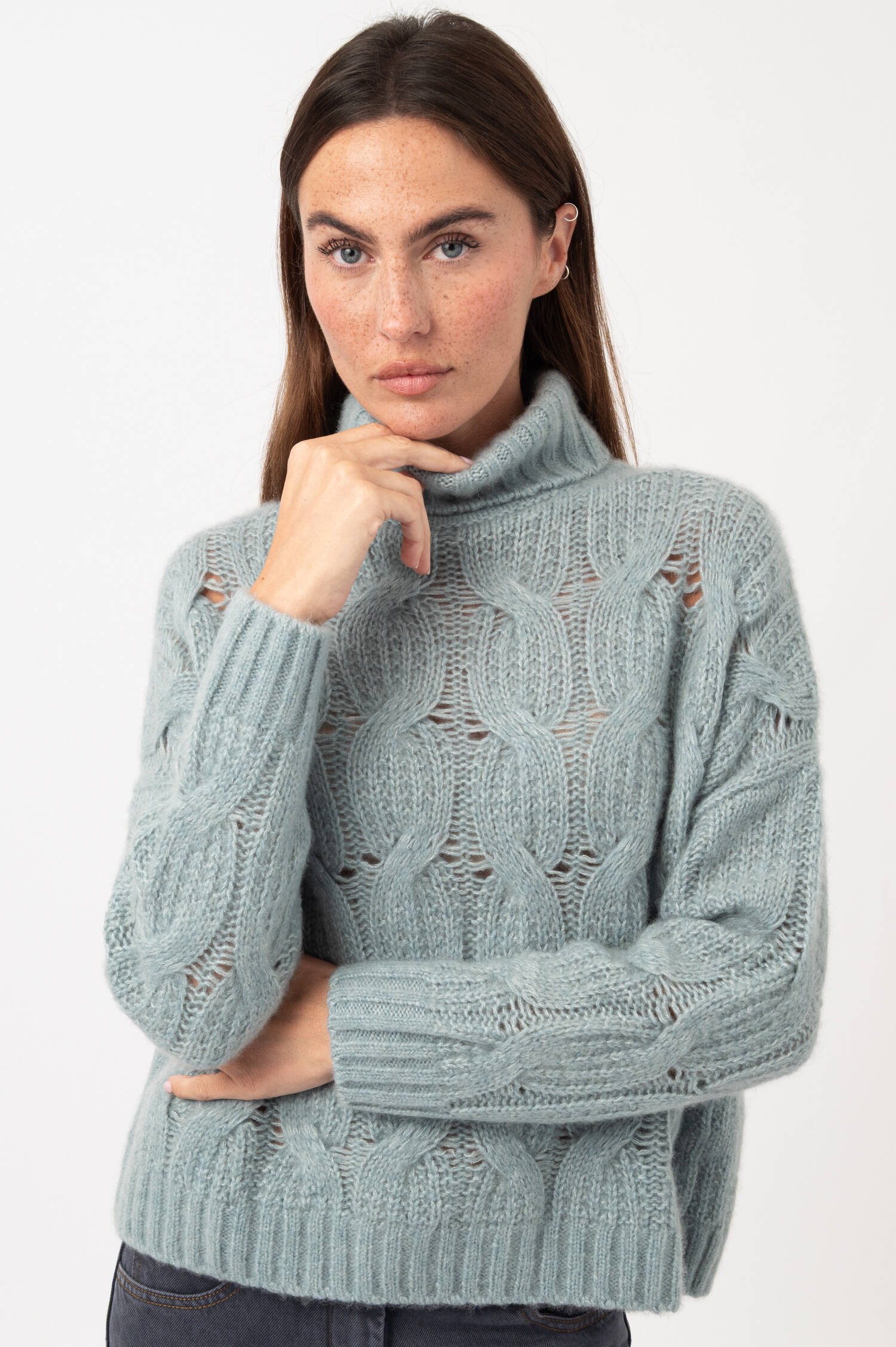 Zopfstrick-Rollkragen-Pullover in Blau