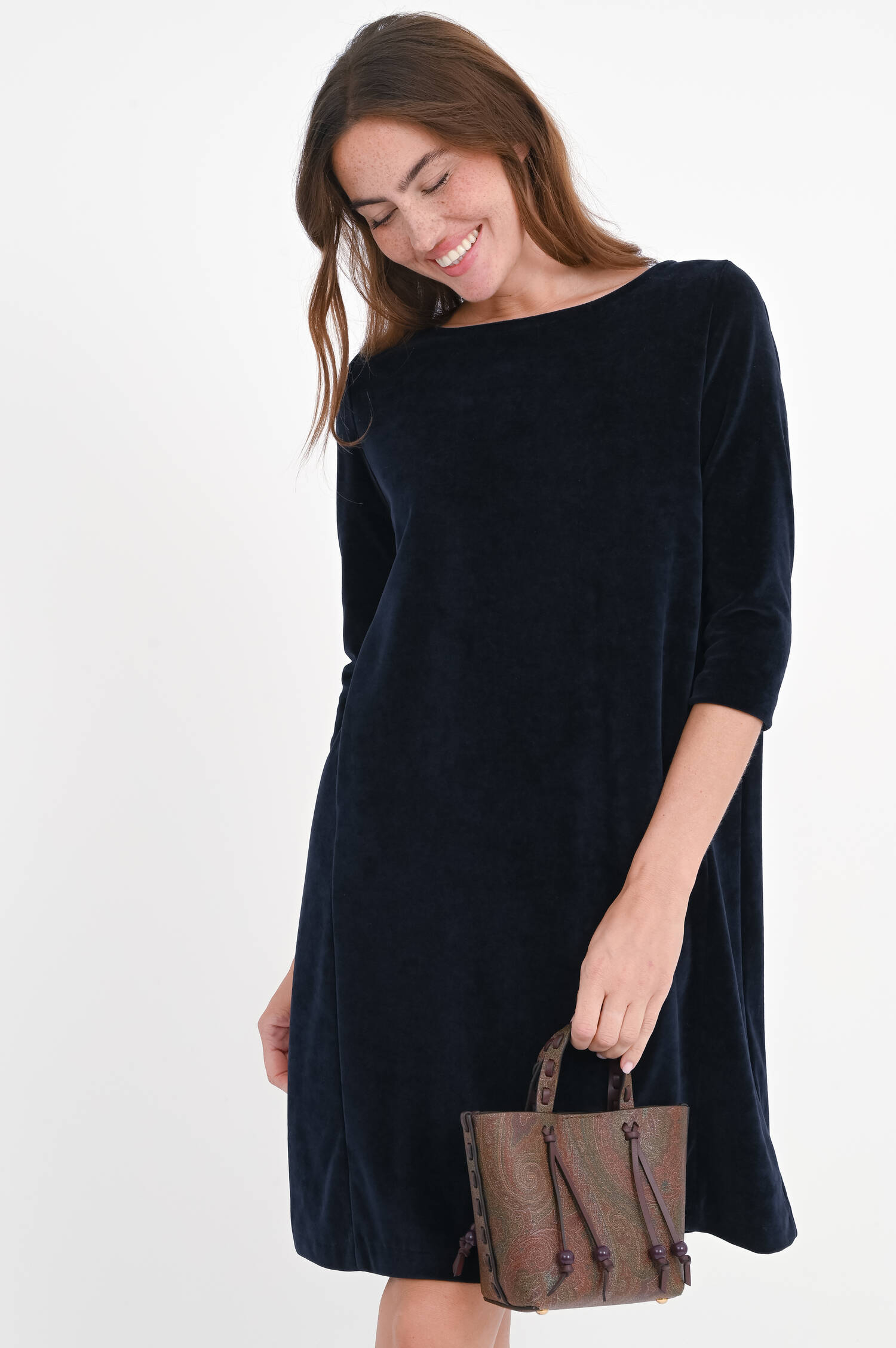 Samt-Kleid mit 3/4 Arm in Navy