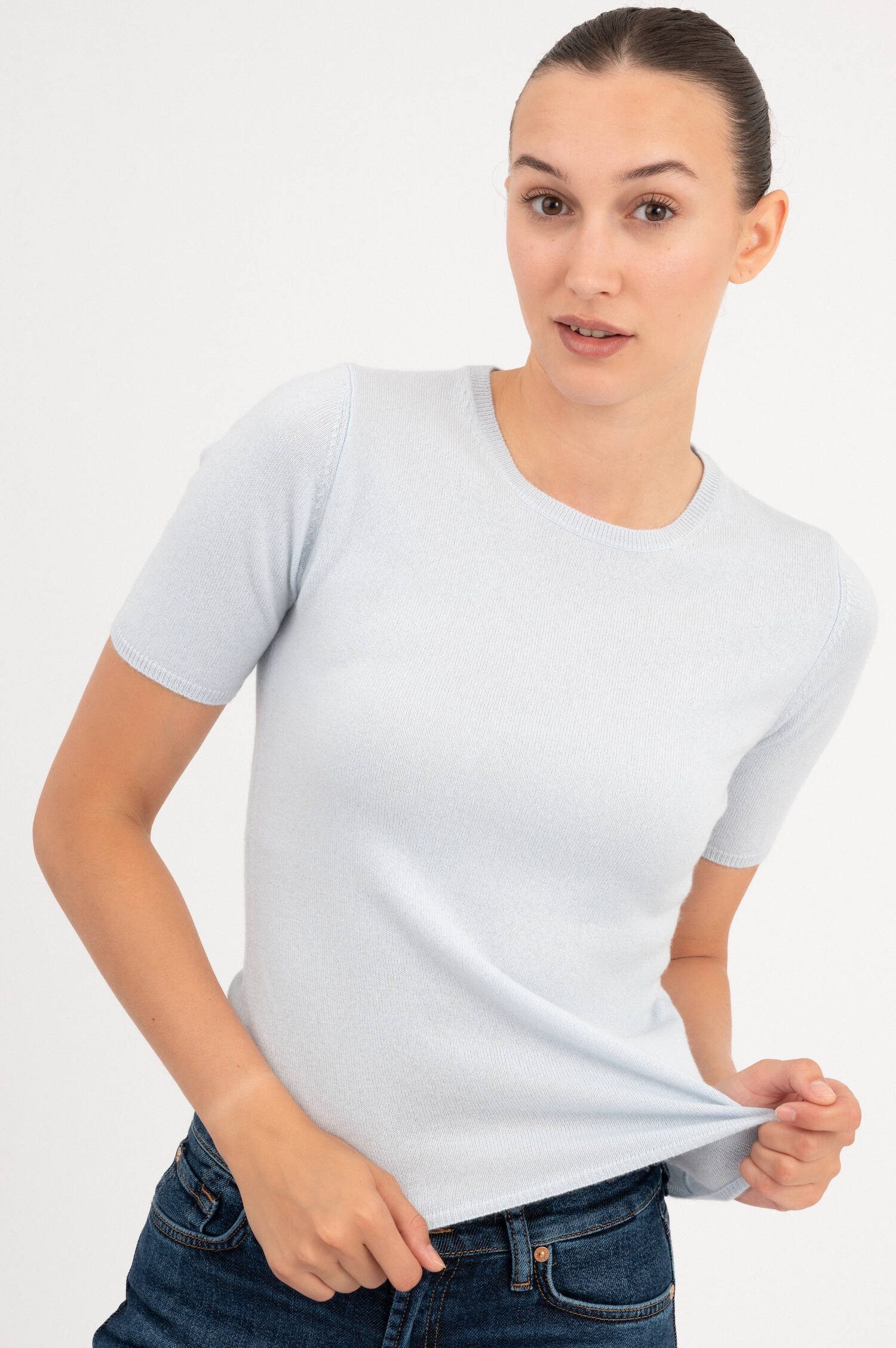 Kurzarm-Cashmere-Pullover in Hellblau