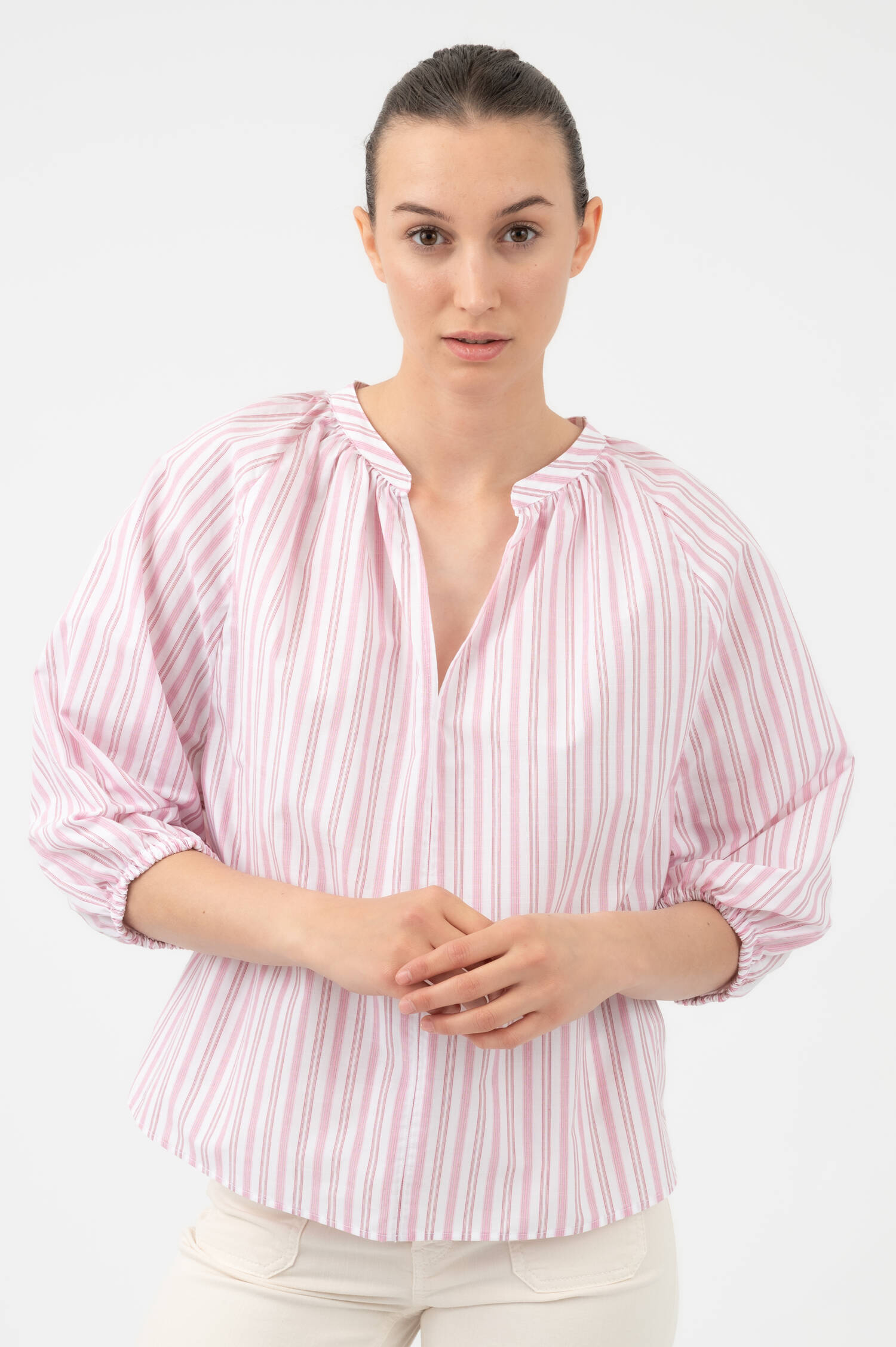 Streifenbluse mit 3/4tel-Arm in Rosa
