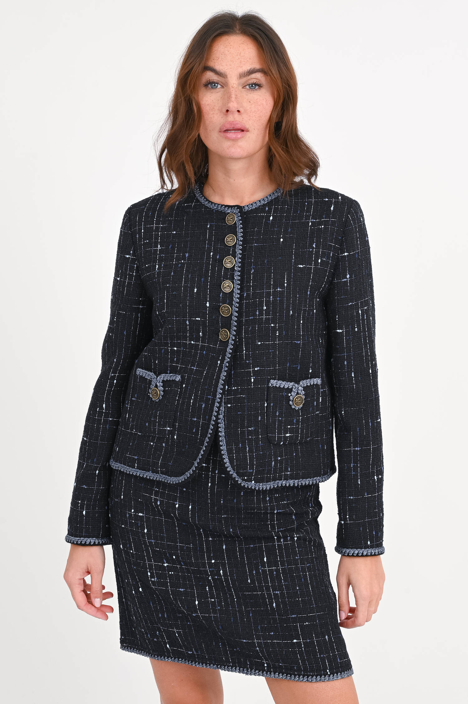 Jacke aus Tweed-Bouclé in Schwarz/Blau