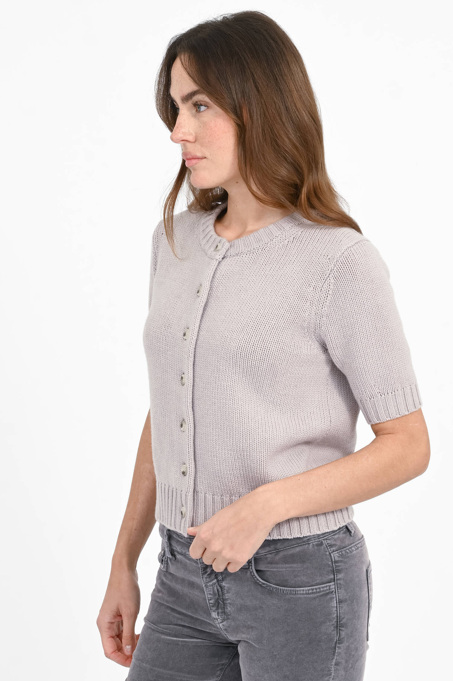 Kurzarm-Strickweste aus Cashmere-Mix in Hellgrau