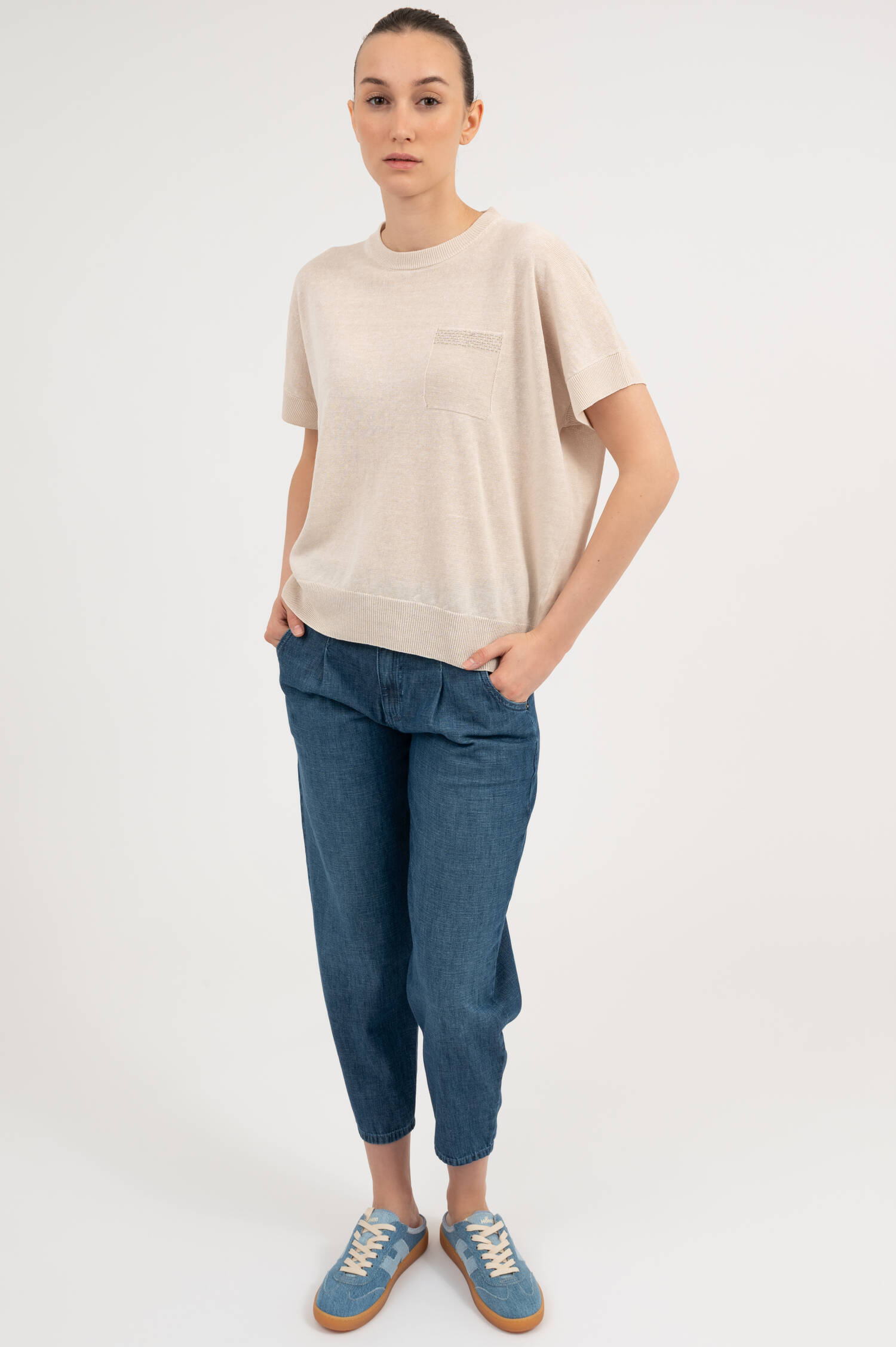 Leinenmix Kurzarm Pullover in Beige Leinenmix Kurzarm Pullover in Beige