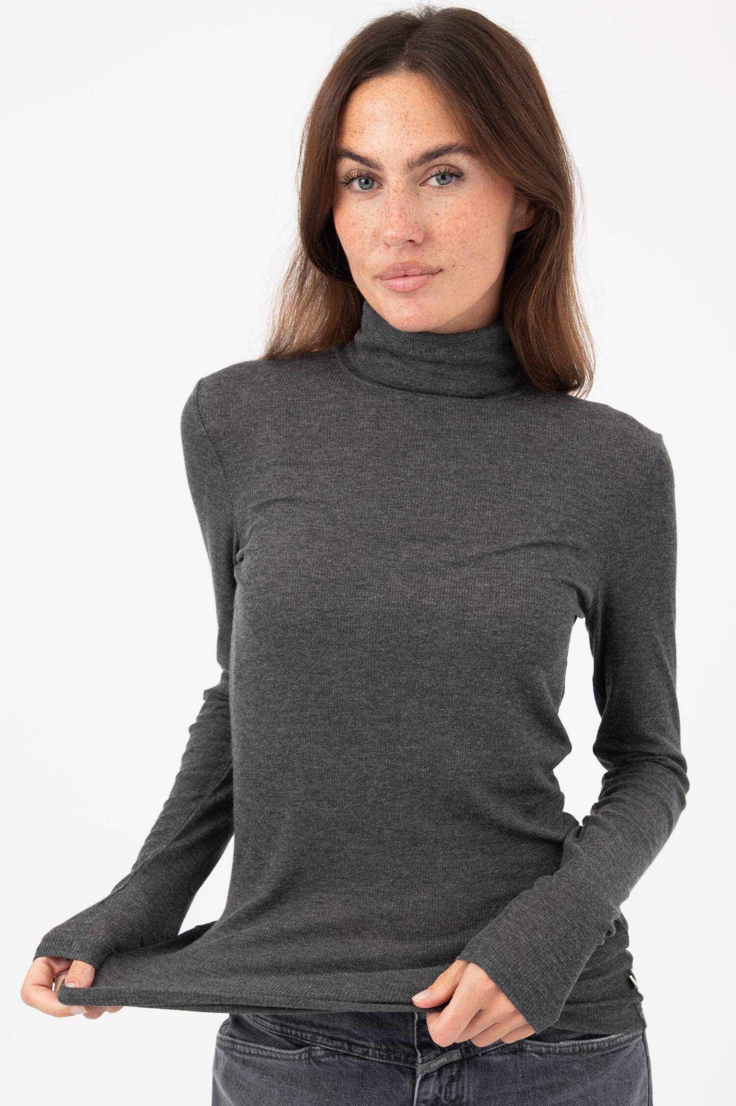 Langarm-Rollkragen-Shirt in Grau meliert