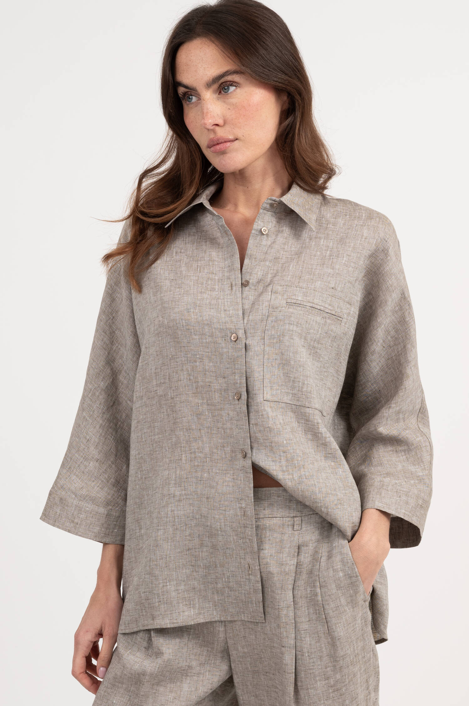 Leinenbluse in Taup meliert