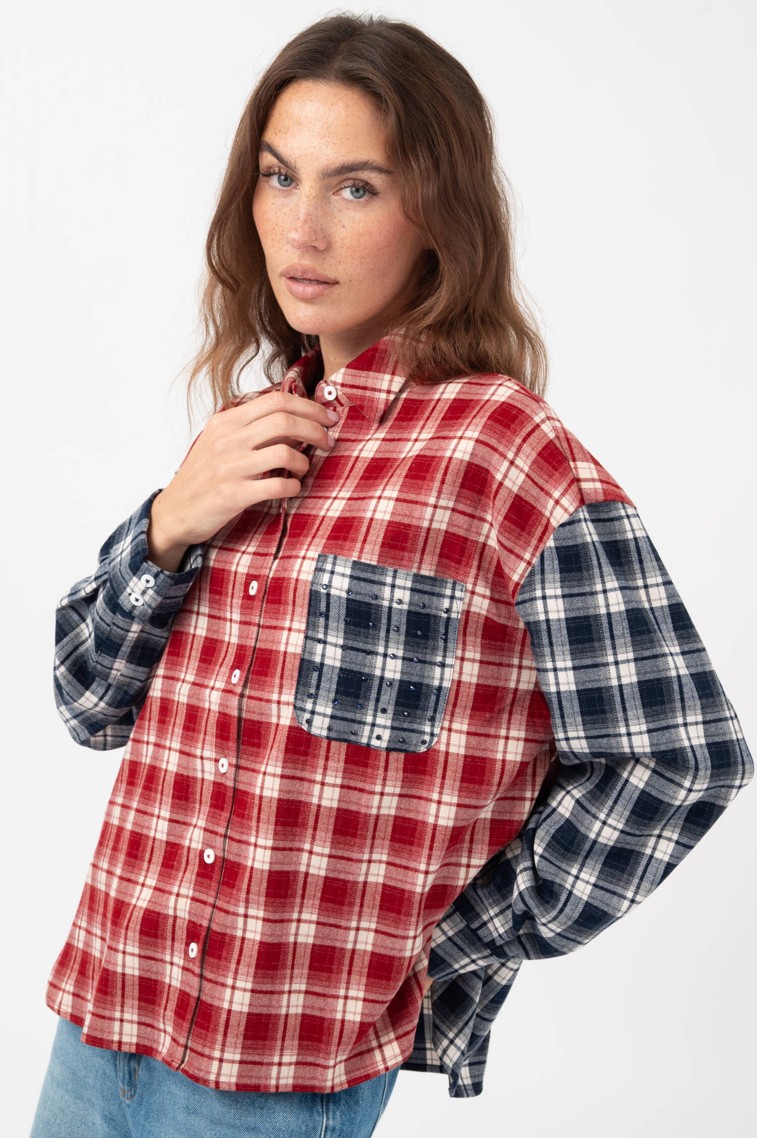 Flanell Bluse in Rot//Blau/Off-White