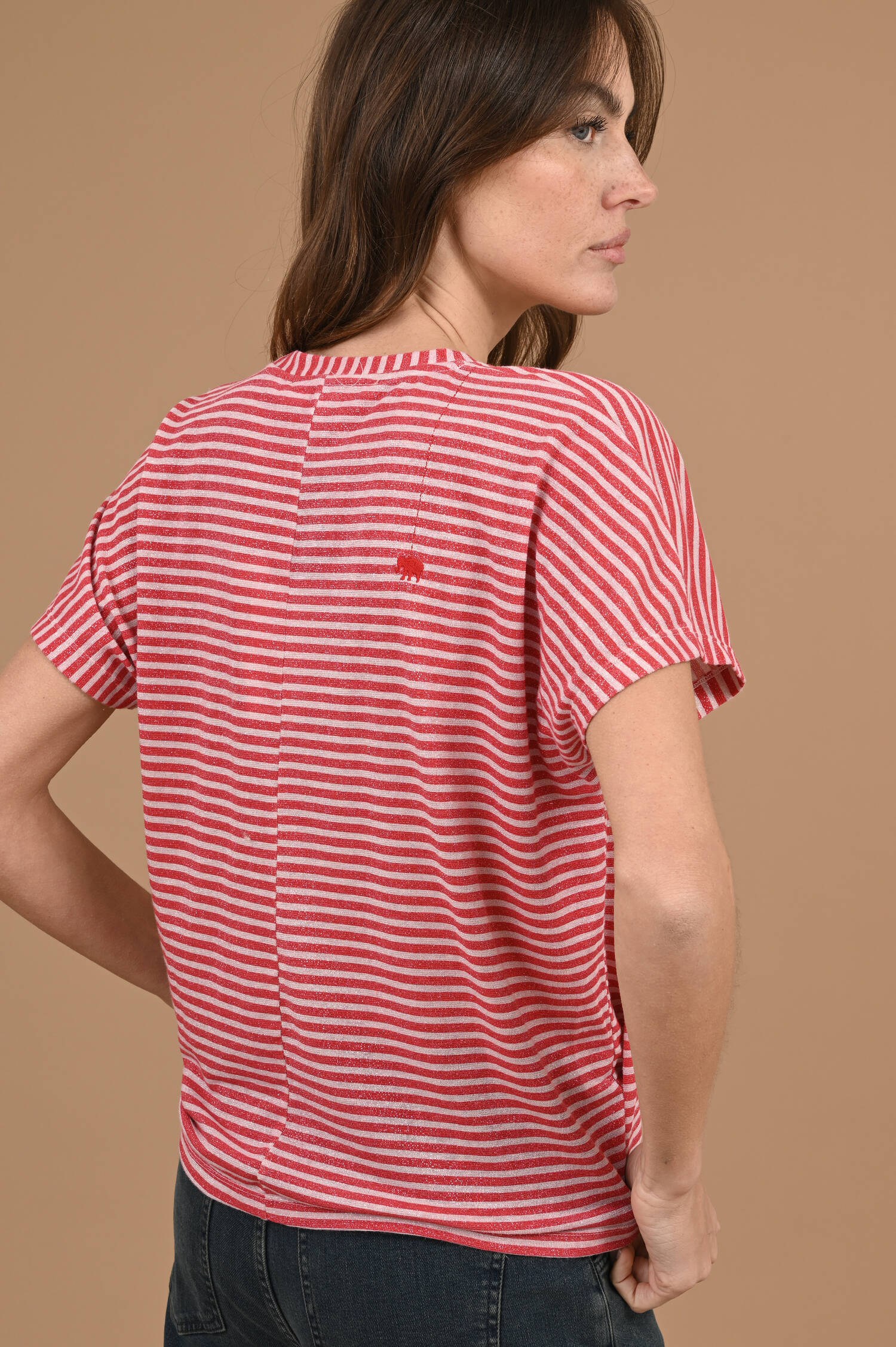 T-Shirt PAMAYU in Geranium/Grau gestreift T-Shirt PAMAYU in Geranium/Grau gestreift