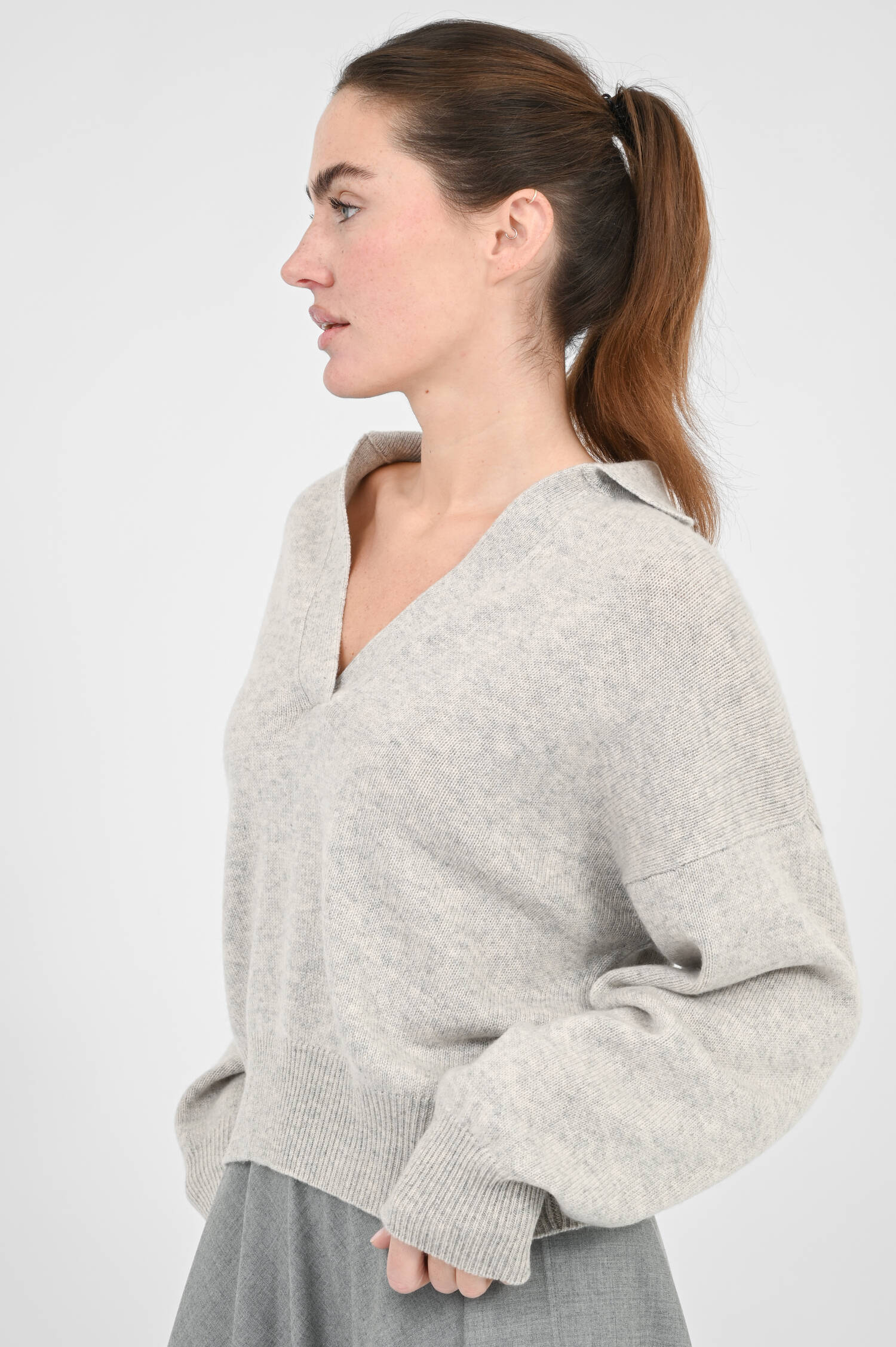 Cashmere-Pullover mit Hemdkragen Grau meliert