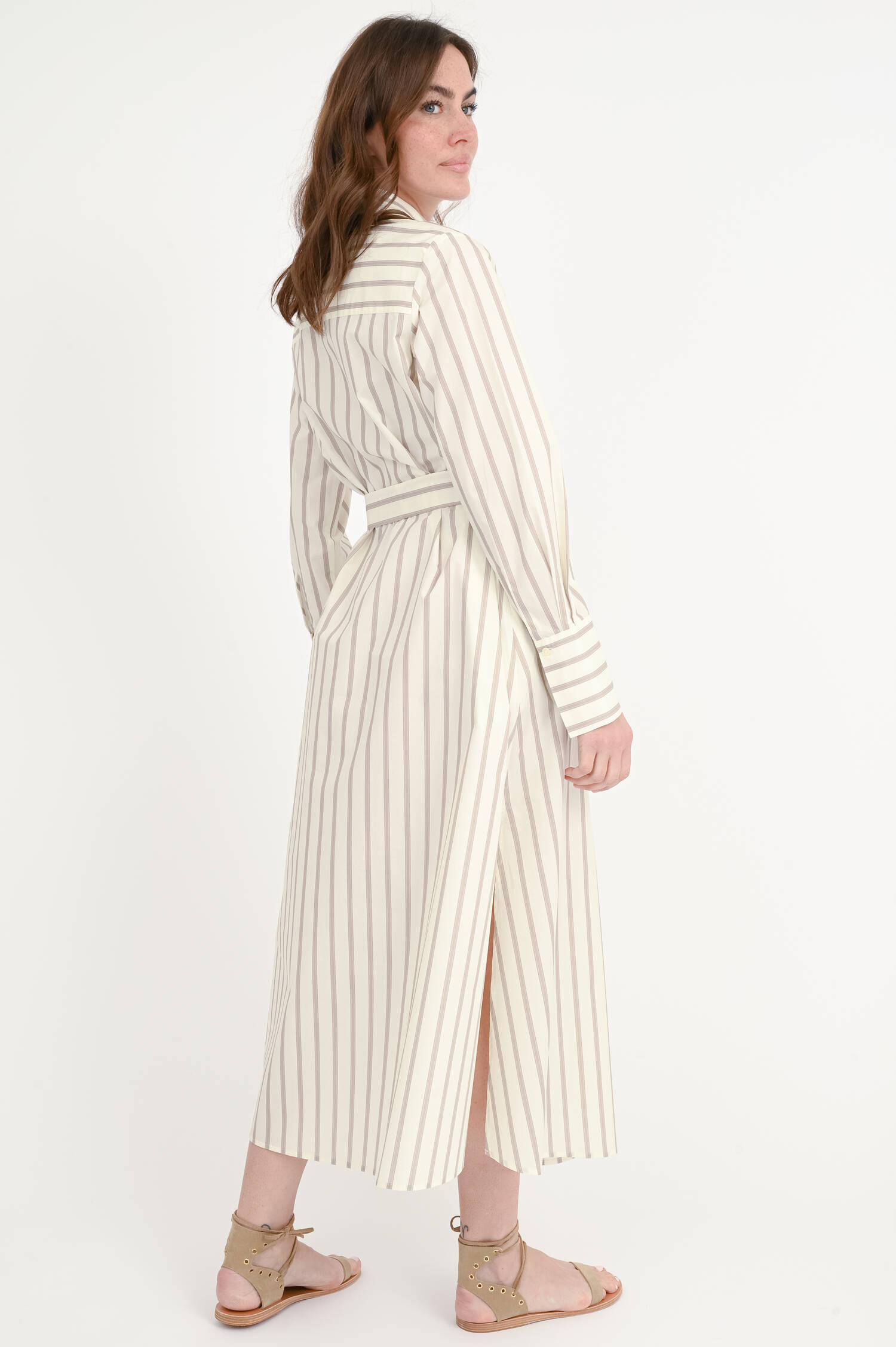 Maxi-Hemdblusenkleid in Taupe/Creme gestreift