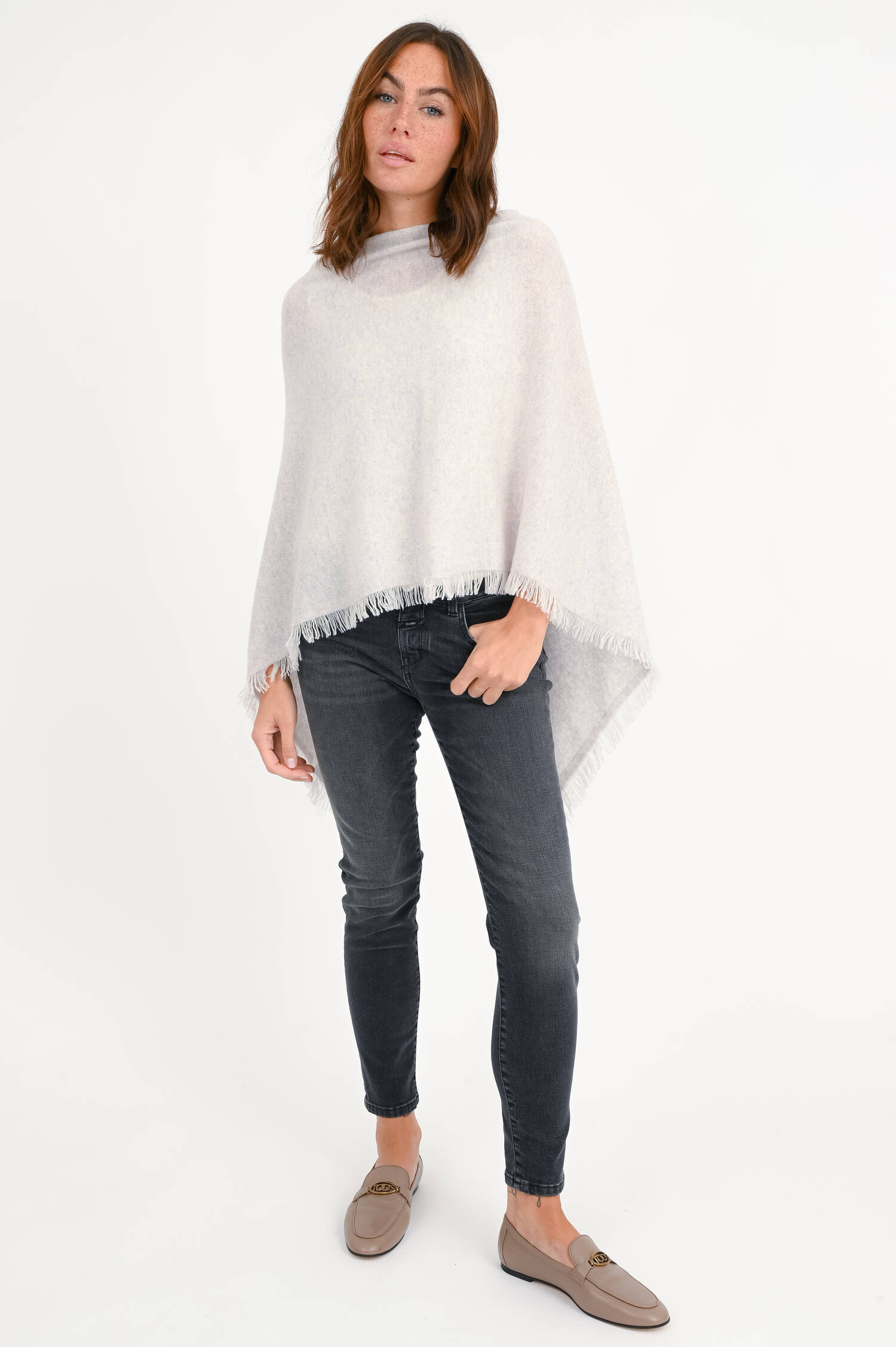 Cashmere Poncho in Hellgrau meliert