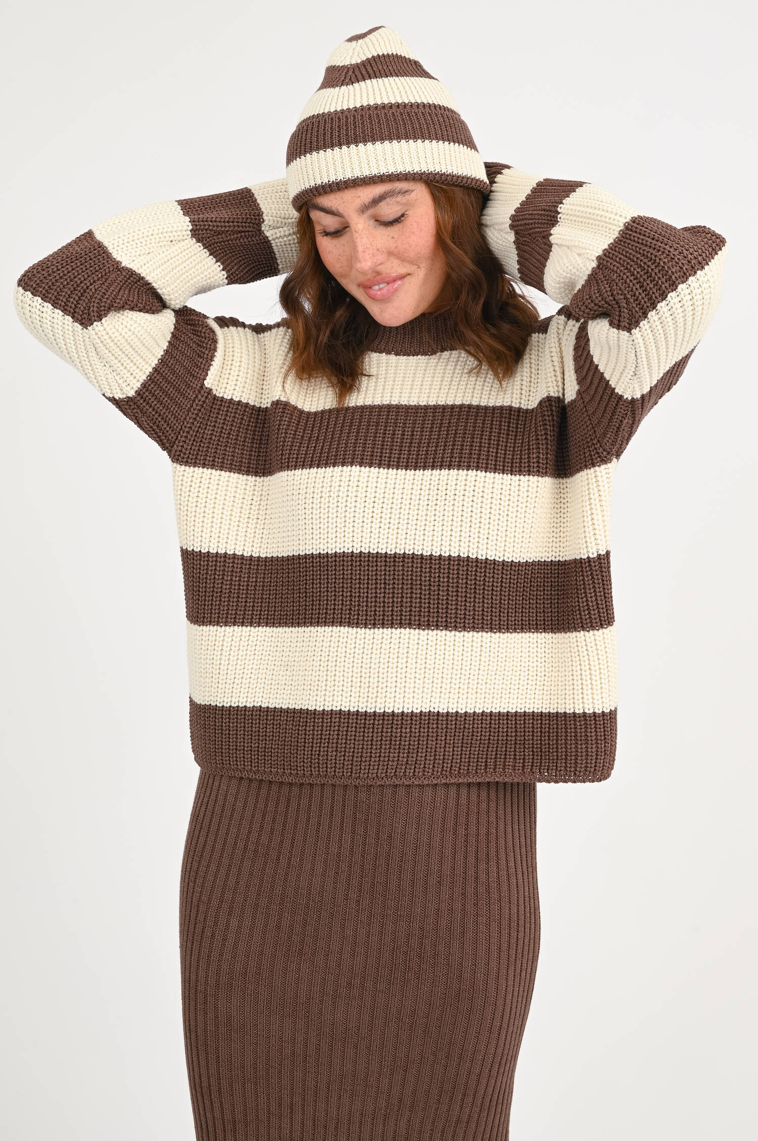 Grobstrick-Pullover LEONTYNE in Braun/Creme
