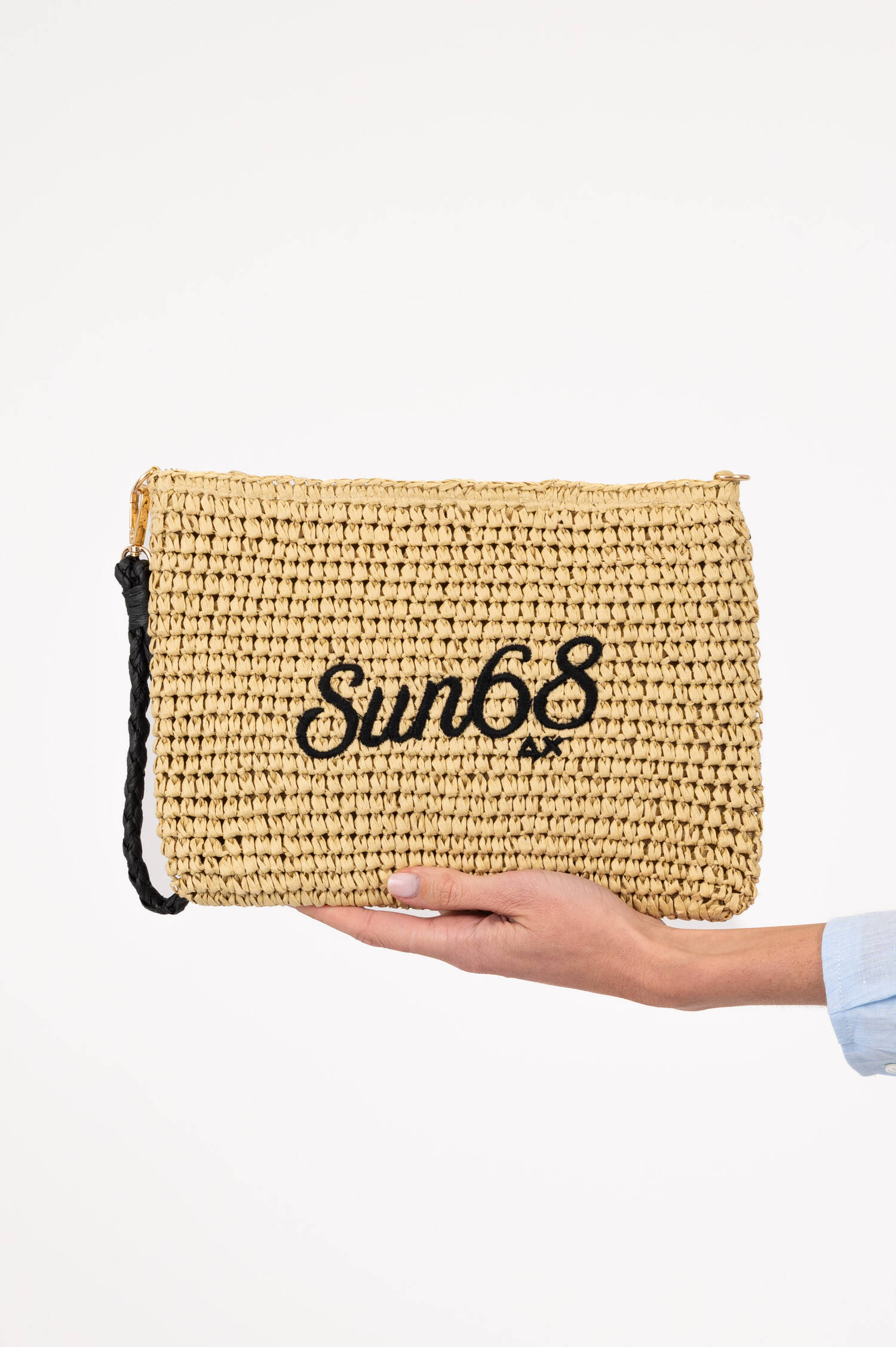 Pochette mit Label-Stickerei in Beige/Schwarz